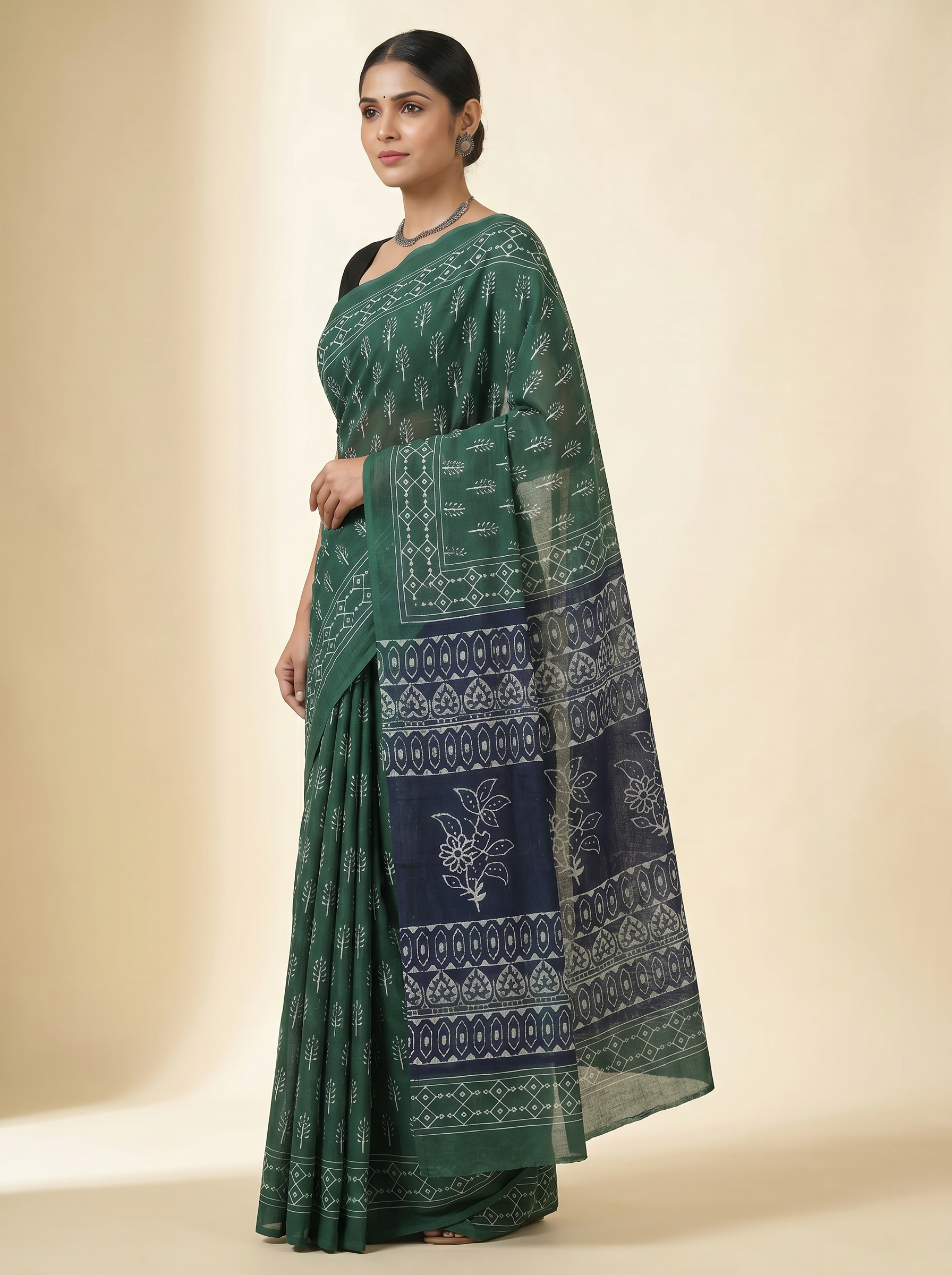 Pure Mulmul Cotton Saree | Bottle Green Handblock Print | Summer & Office Wear | With Blouse image 2