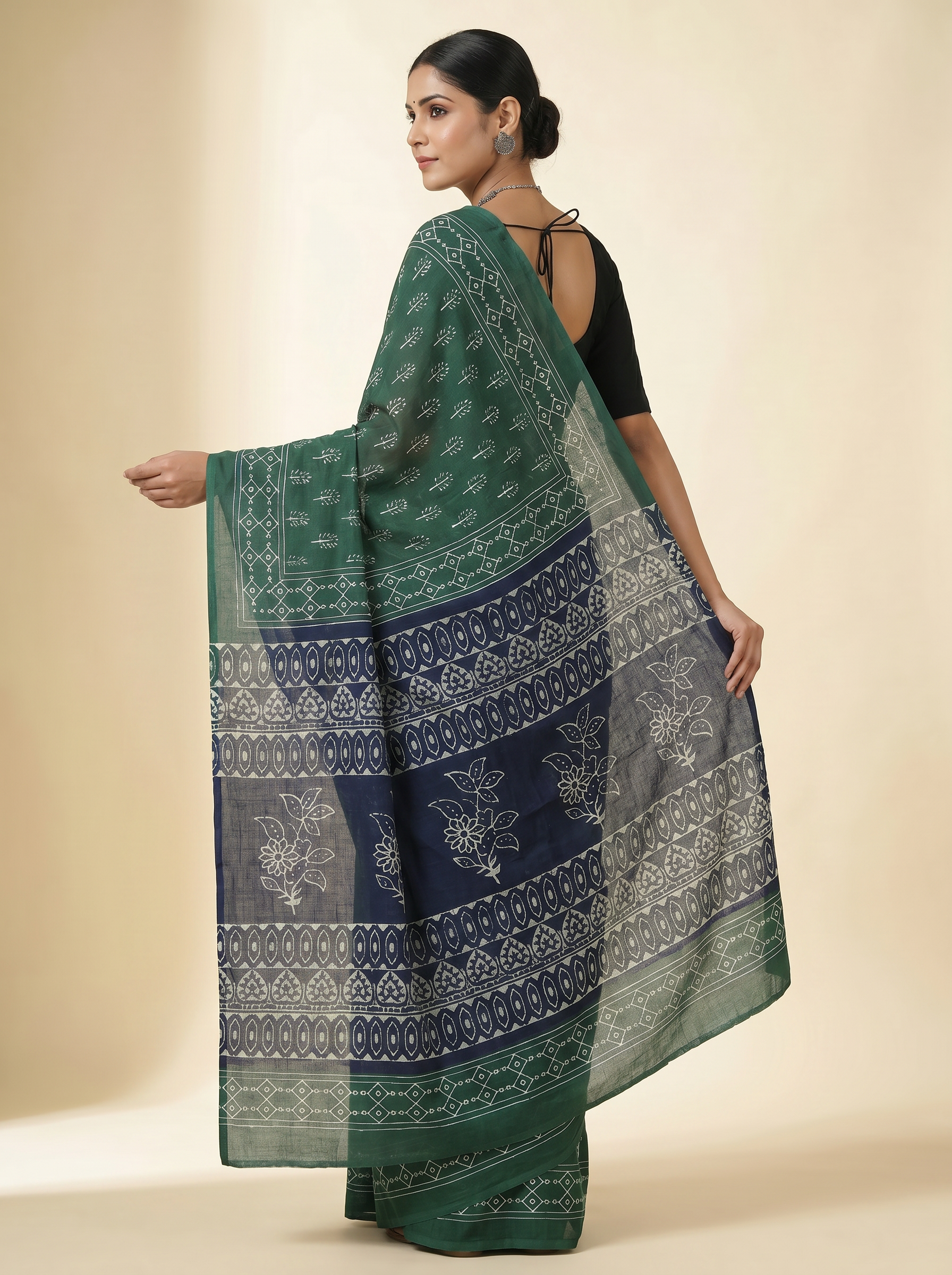 Pure Mulmul Cotton Saree | Bottle Green Handblock Print | Summer & Office Wear | With Blouse image 4