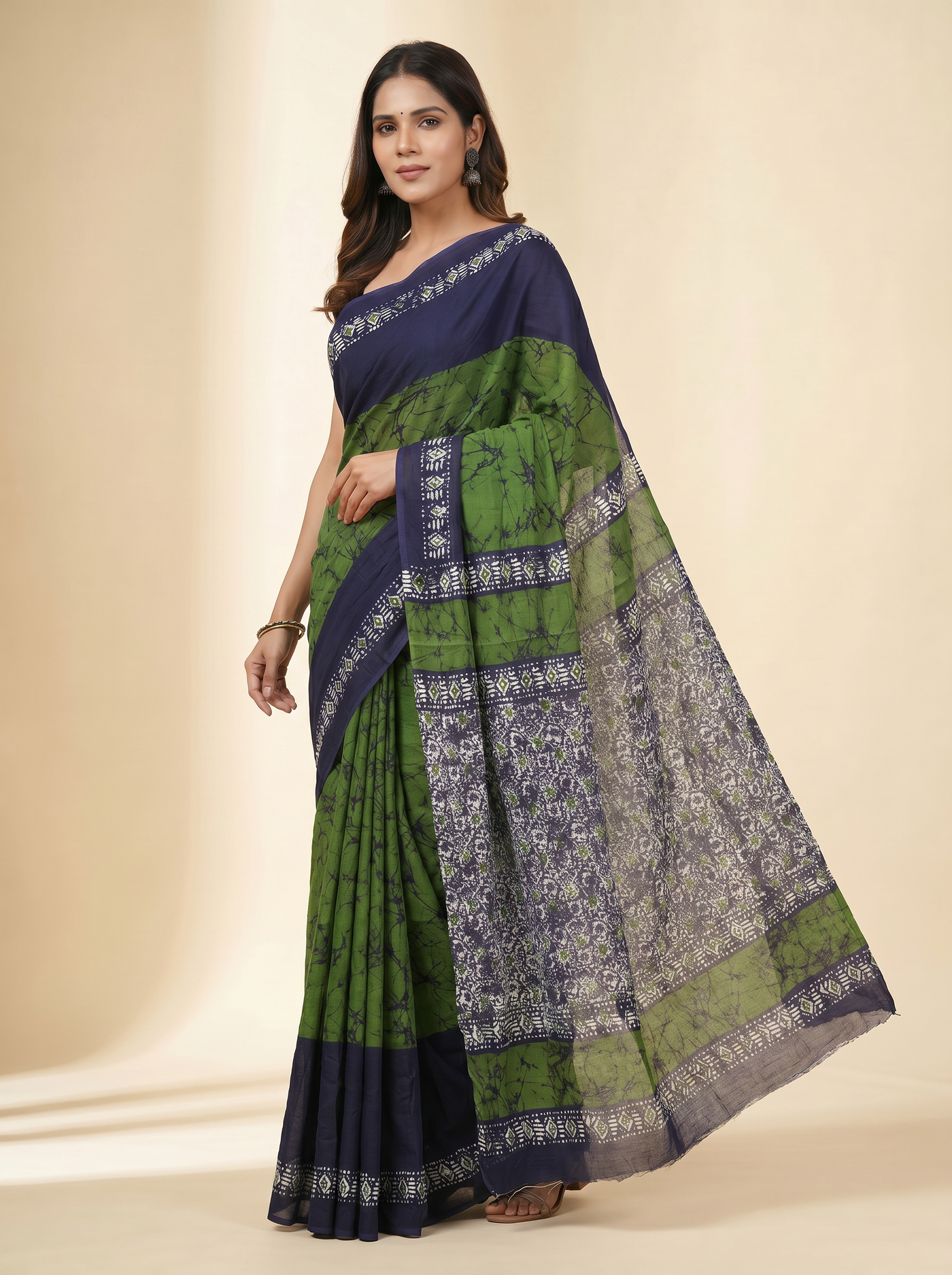 Pure Mulmul Cotton Saree | Bottle Green + Charcoal Grey + Ink Blue + Grey Handblock Print | Summer & Office Wear | With Blouse image 2
