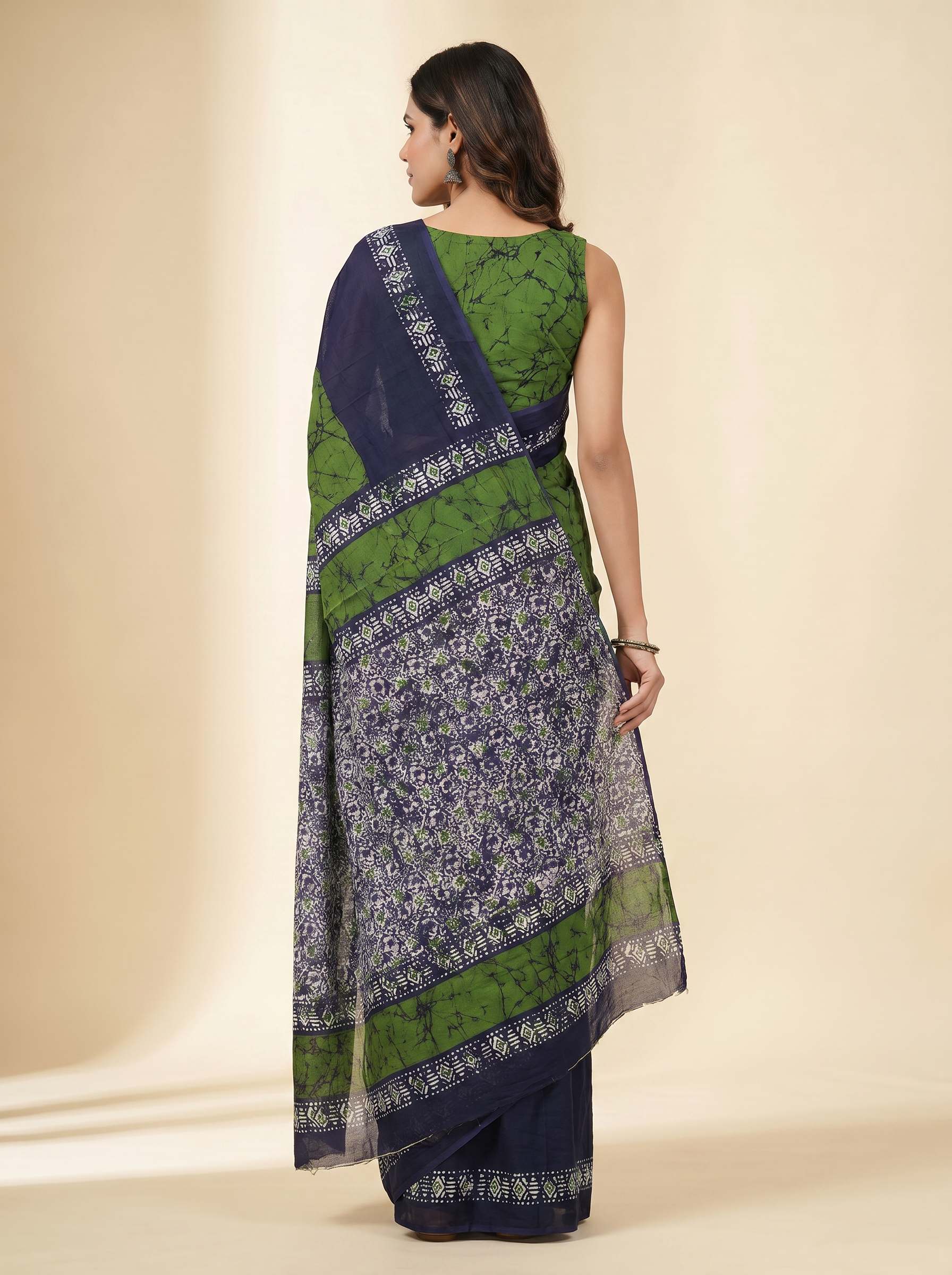 Pure Mulmul Cotton Saree | Bottle Green + Charcoal Grey + Ink Blue + Grey Handblock Print | Summer & Office Wear | With Blouse image 3