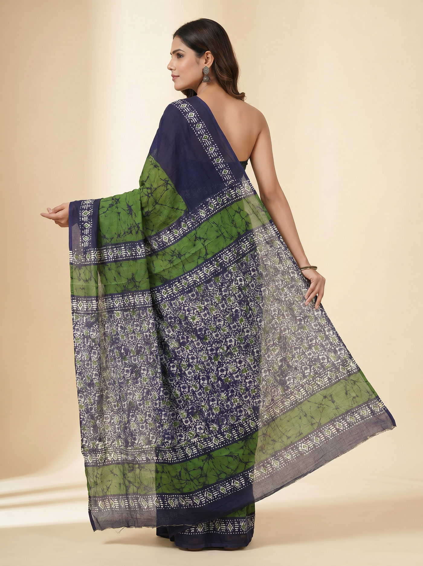 Pure Mulmul Cotton Saree | Bottle Green + Charcoal Grey + Ink Blue + Grey Handblock Print | Summer & Office Wear | With Blouse image 4