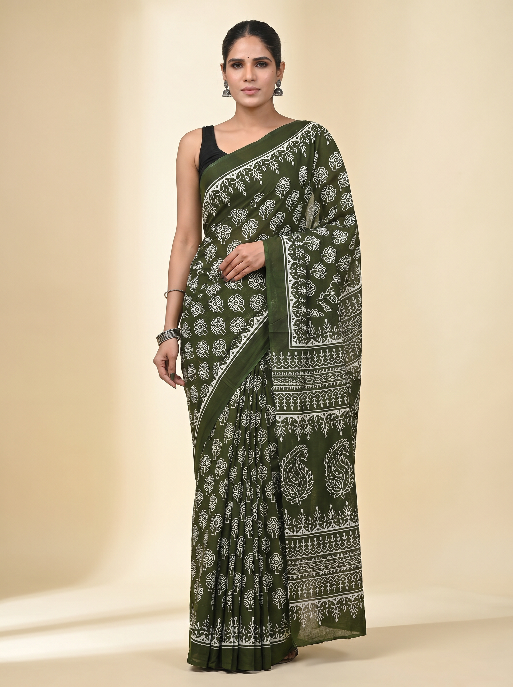 Bottle Green + Ochre + Grey pure mulmul cotton saree with blouse