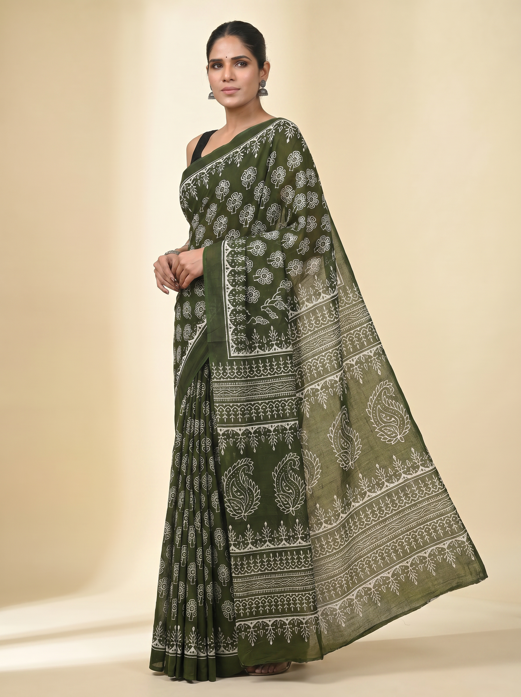 Pure Mulmul Cotton Saree | Bottle Green + Ochre + Grey Handblock Print | Summer & Office Wear | With Blouse | Design 2 image 2