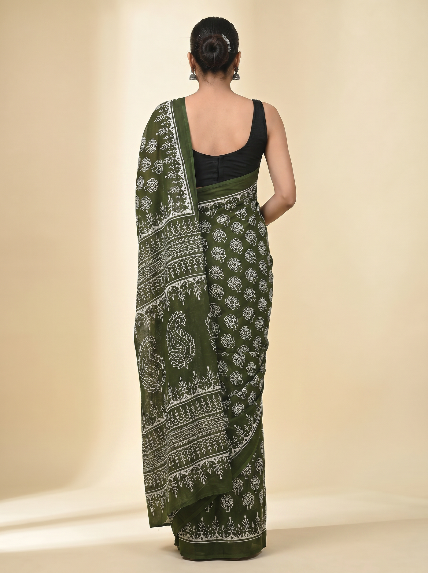 Pure Mulmul Cotton Saree | Bottle Green + Ochre + Grey Handblock Print | Summer & Office Wear | With Blouse | Design 2 image 3