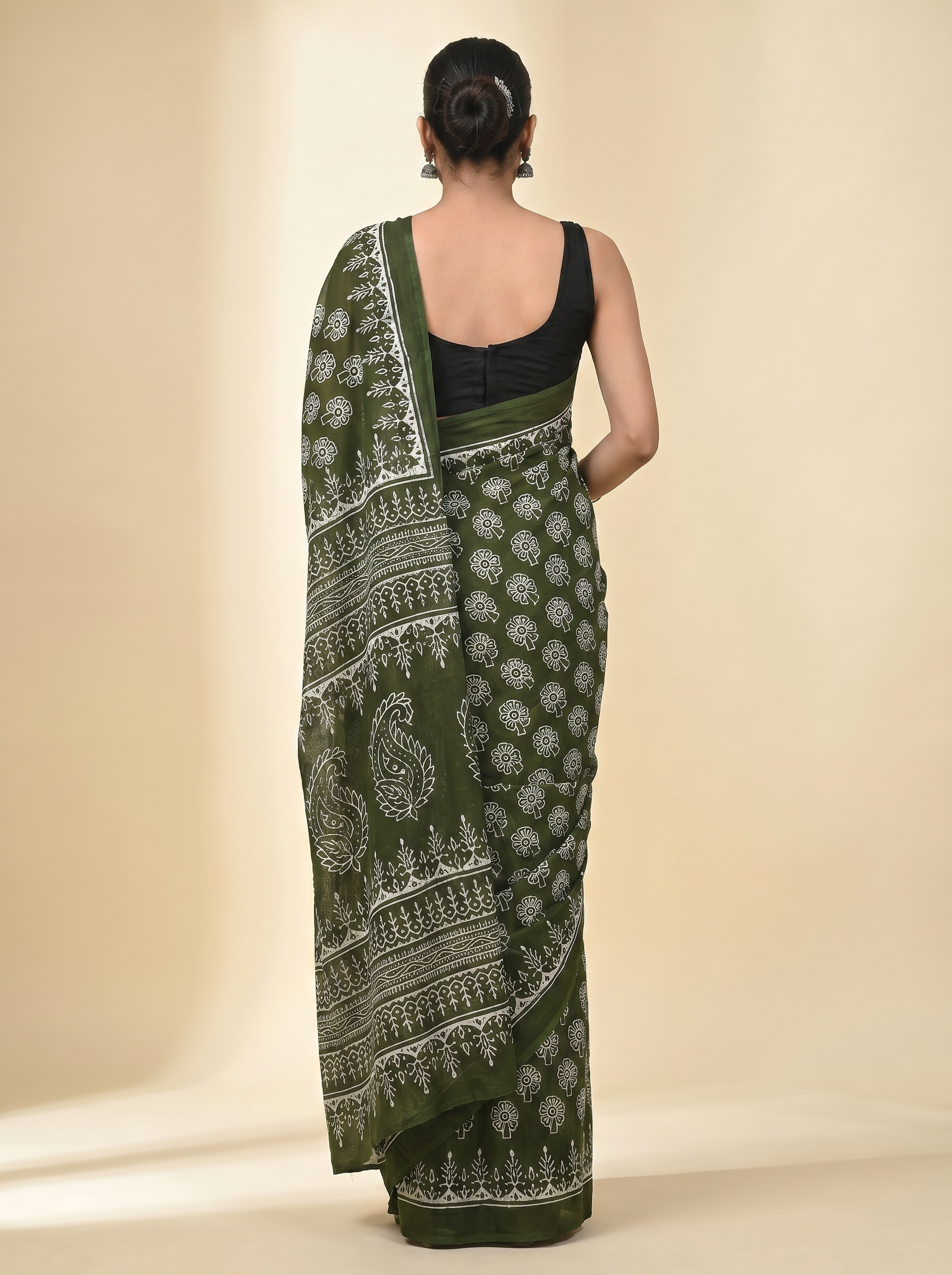 Pure Mulmul Cotton Saree | Bottle Green + Ochre + Grey Handblock Print | Summer & Office Wear | With Blouse | Design 2 image 3