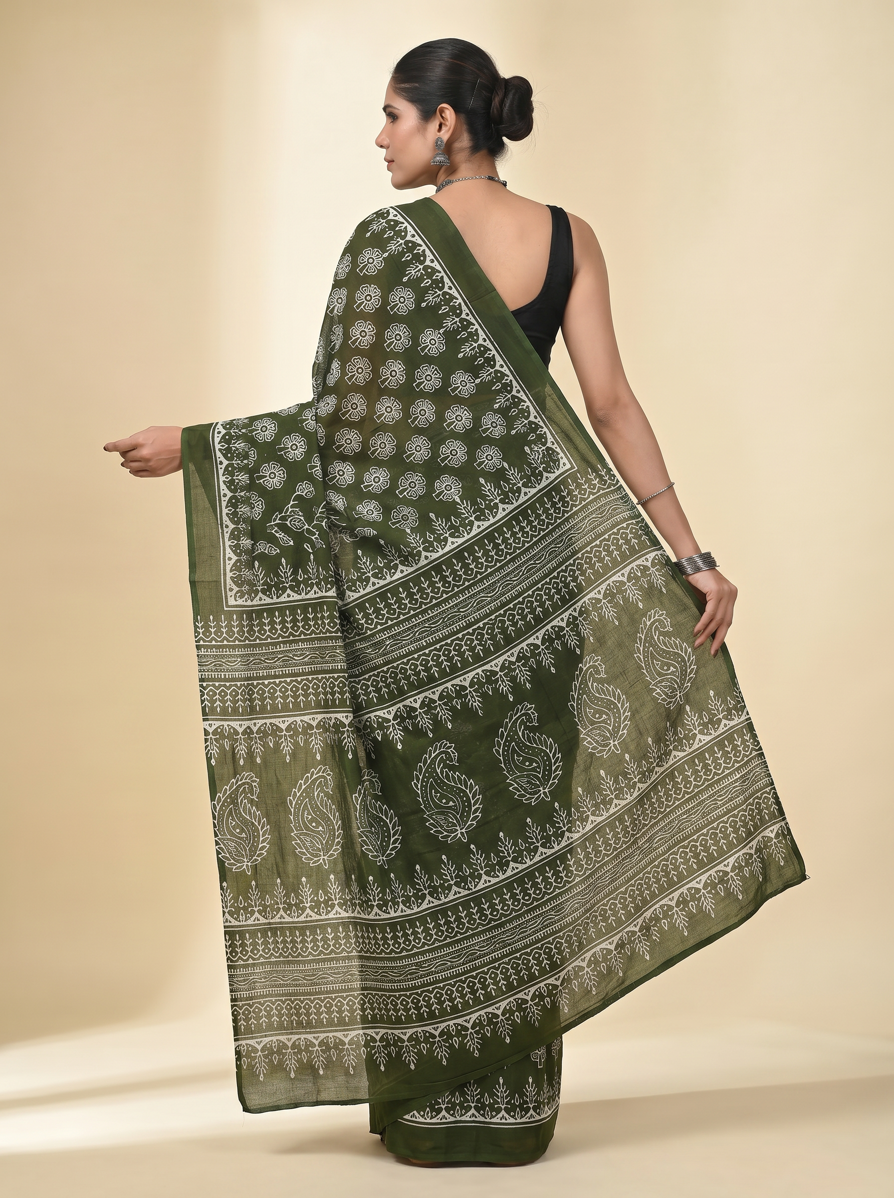 Pure Mulmul Cotton Saree | Bottle Green + Ochre + Grey Handblock Print | Summer & Office Wear | With Blouse | Design 2 image 4