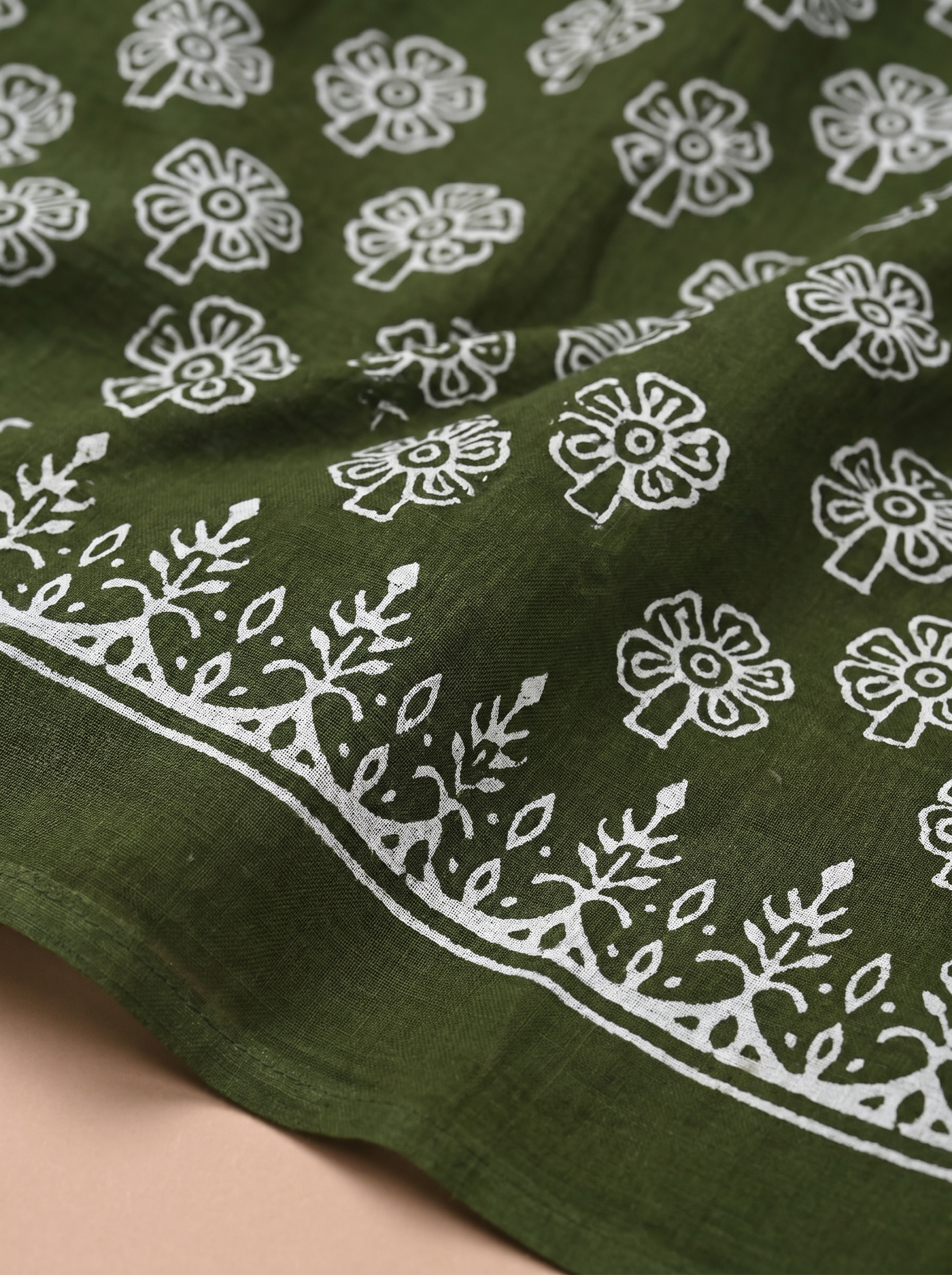 Pure Mulmul Cotton Saree | Bottle Green + Ochre + Grey Handblock Print | Summer & Office Wear | With Blouse | Design 2 image 5
