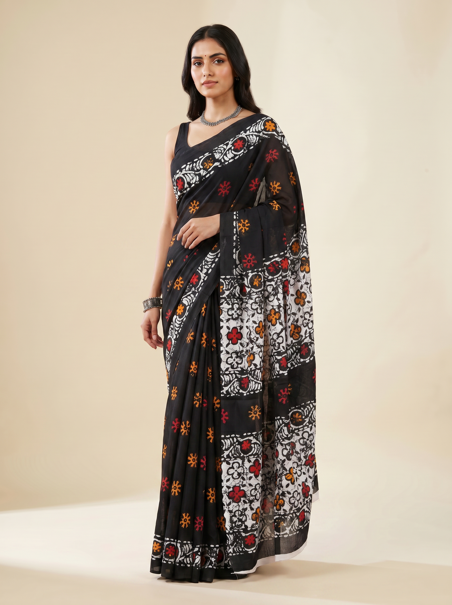 Charcoal Grey + Brick Red + Black + Grey pure mulmul cotton saree with blouse