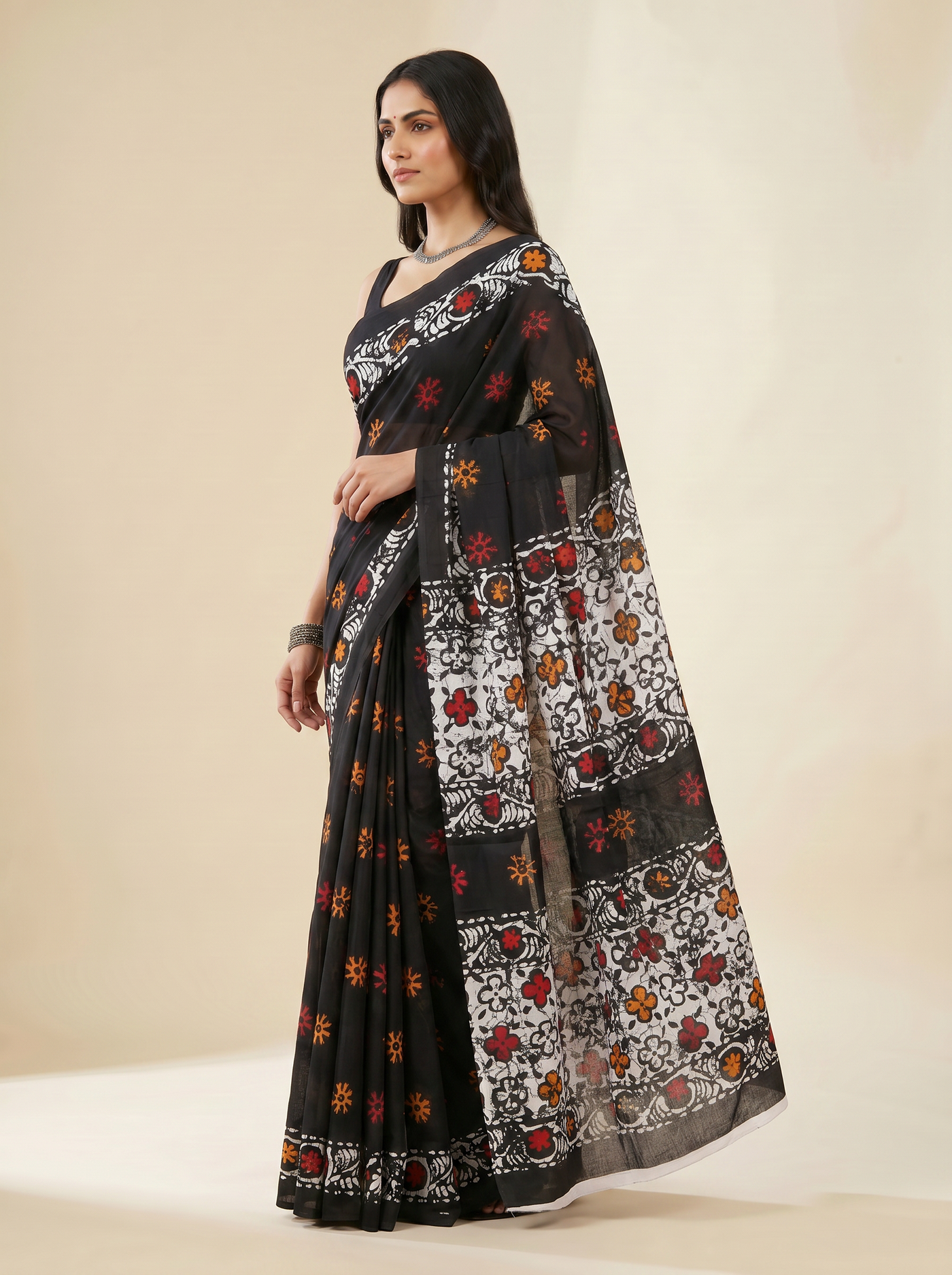 Pure Mulmul Cotton Saree | Charcoal Grey + Brick Red + Black + Grey Handblock Print | Summer & Office Wear | With Blouse image 2