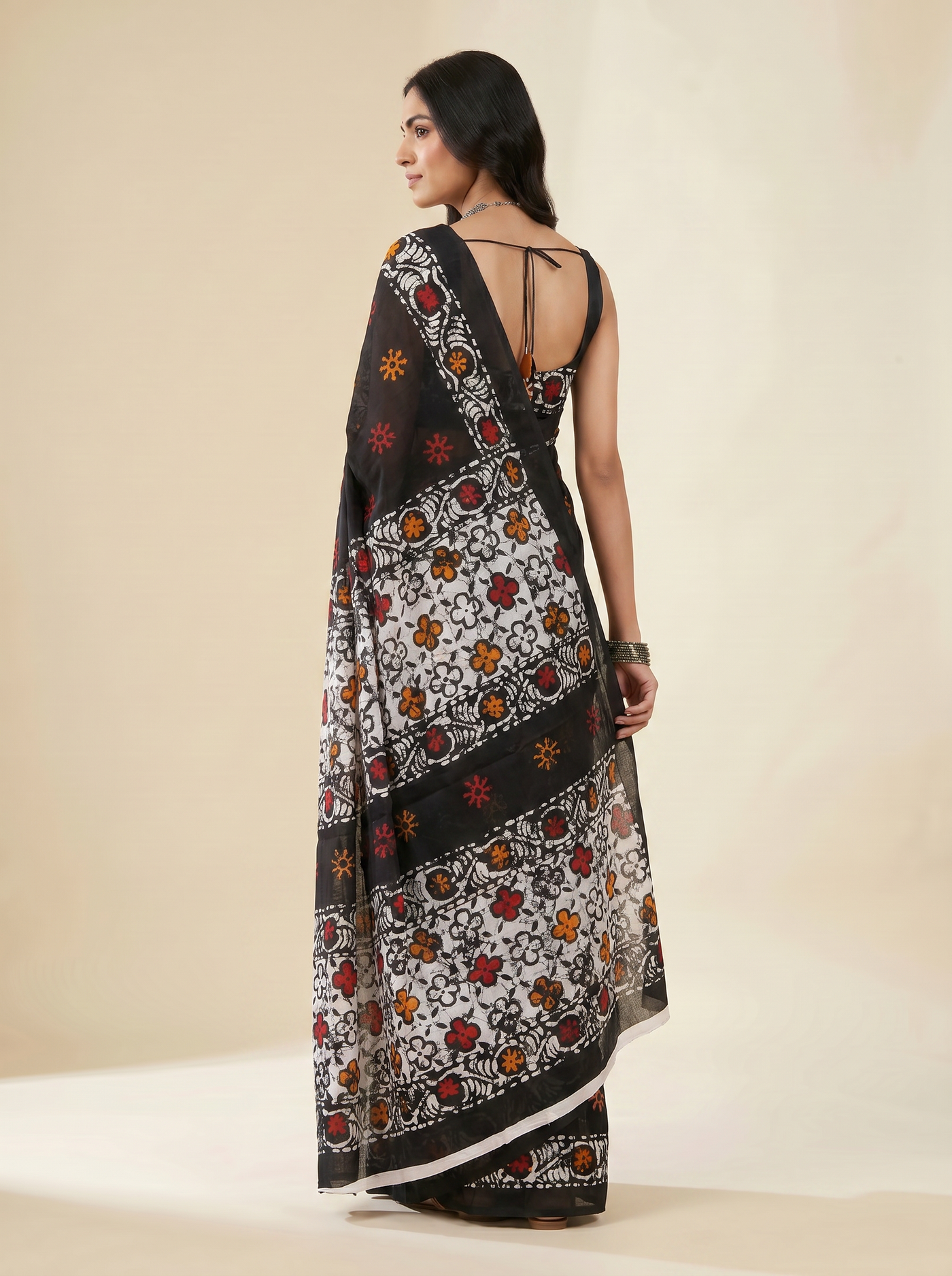 Pure Mulmul Cotton Saree | Charcoal Grey + Brick Red + Black + Grey Handblock Print | Summer & Office Wear | With Blouse image 3