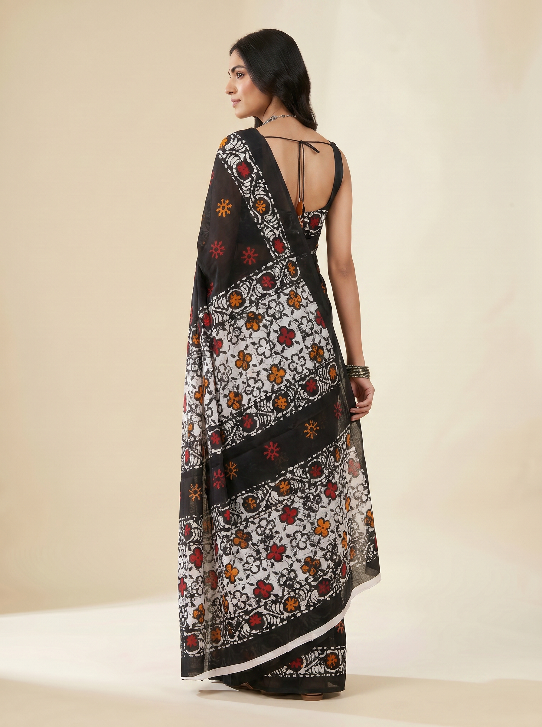 Pure Mulmul Cotton Saree | Charcoal Grey + Brick Red + Black + Grey Handblock Print | Summer & Office Wear | With Blouse image 3