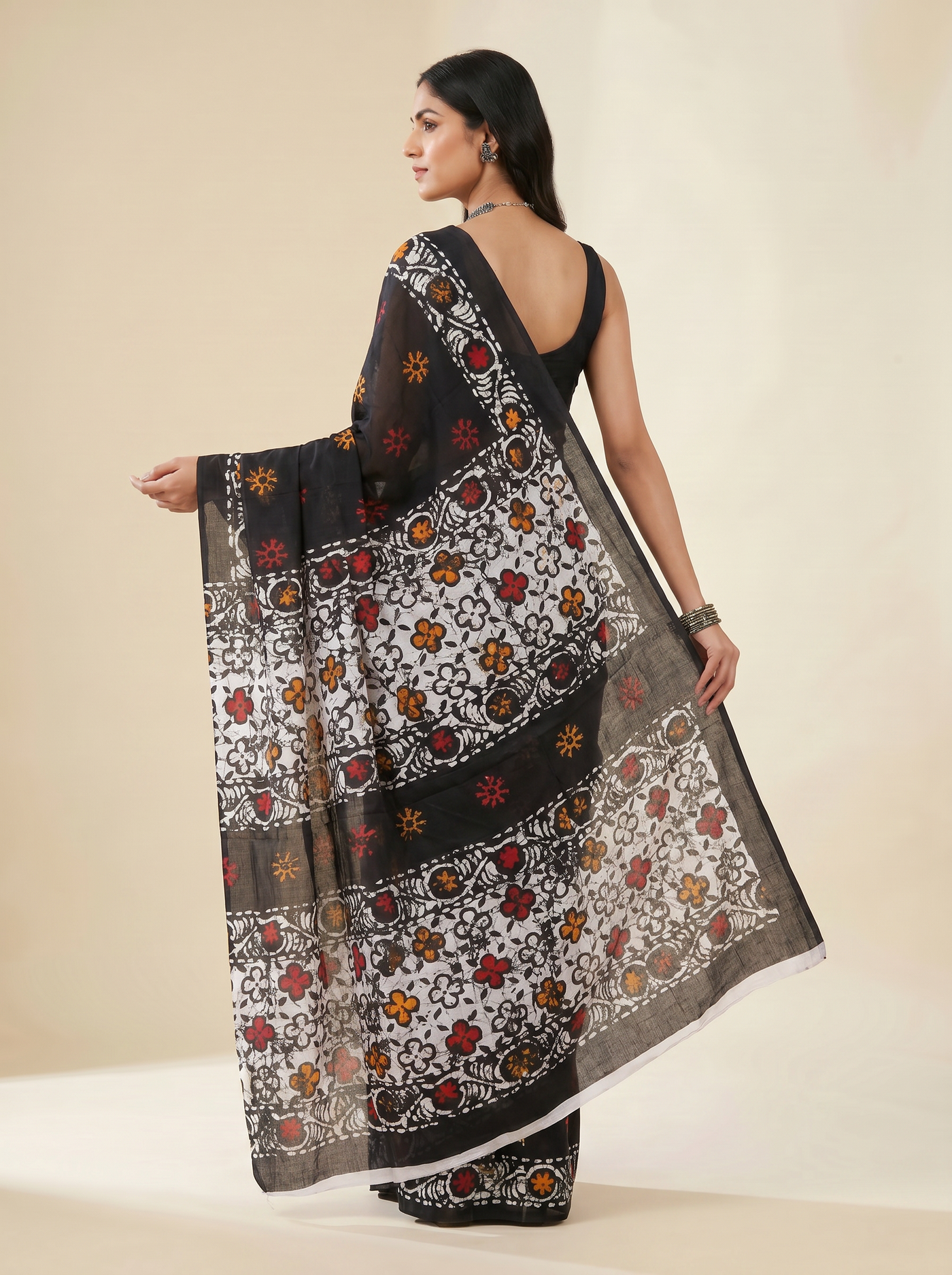 Pure Mulmul Cotton Saree | Charcoal Grey + Brick Red + Black + Grey Handblock Print | Summer & Office Wear | With Blouse image 4