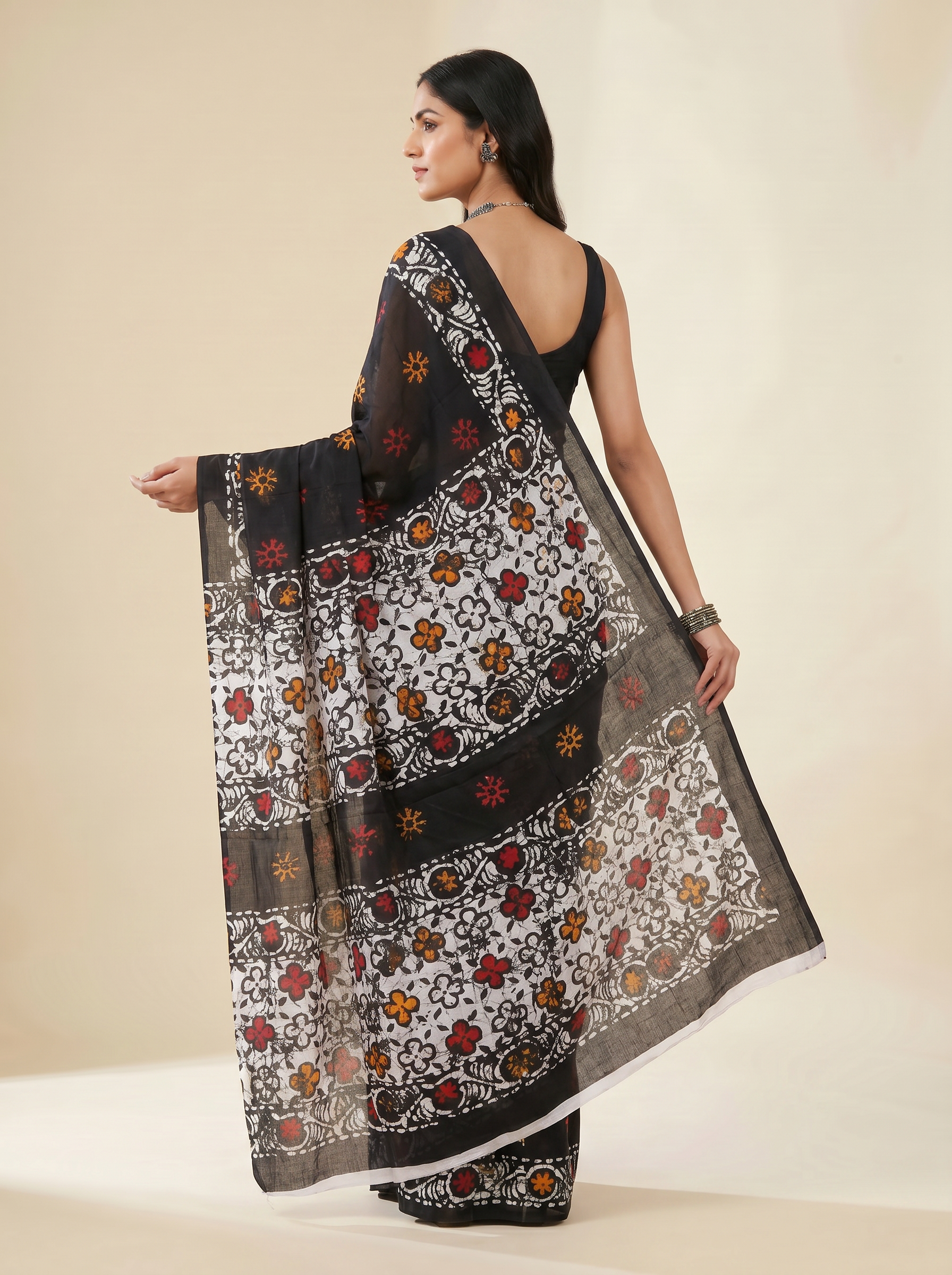 Pure Mulmul Cotton Saree | Charcoal Grey + Brick Red + Black + Grey Handblock Print | Summer & Office Wear | With Blouse image 4