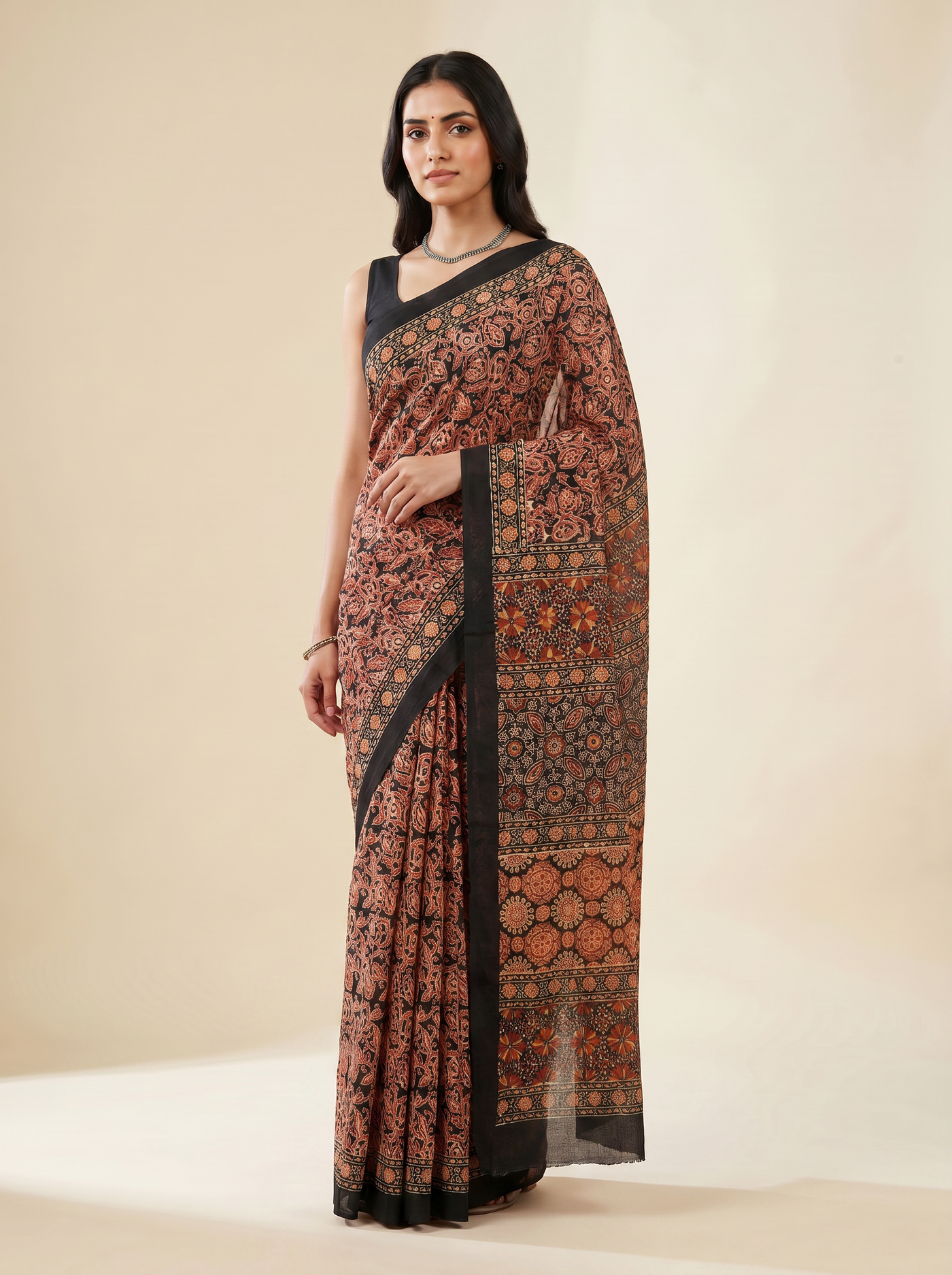 Charcoal Grey + Brick Red + Grey pure mulmul cotton saree with blouse