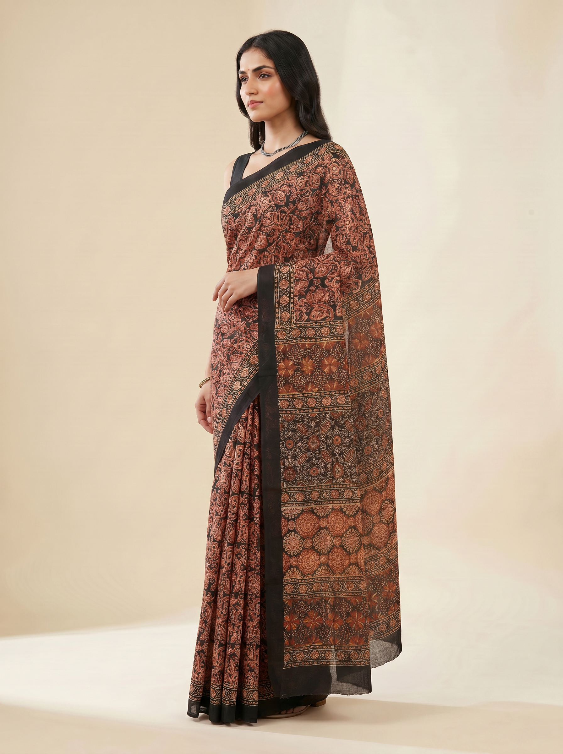 Pure Mulmul Cotton Saree | Charcoal Grey + Brick Red + Grey Handblock Print | Summer & Office Wear | With Blouse image 2