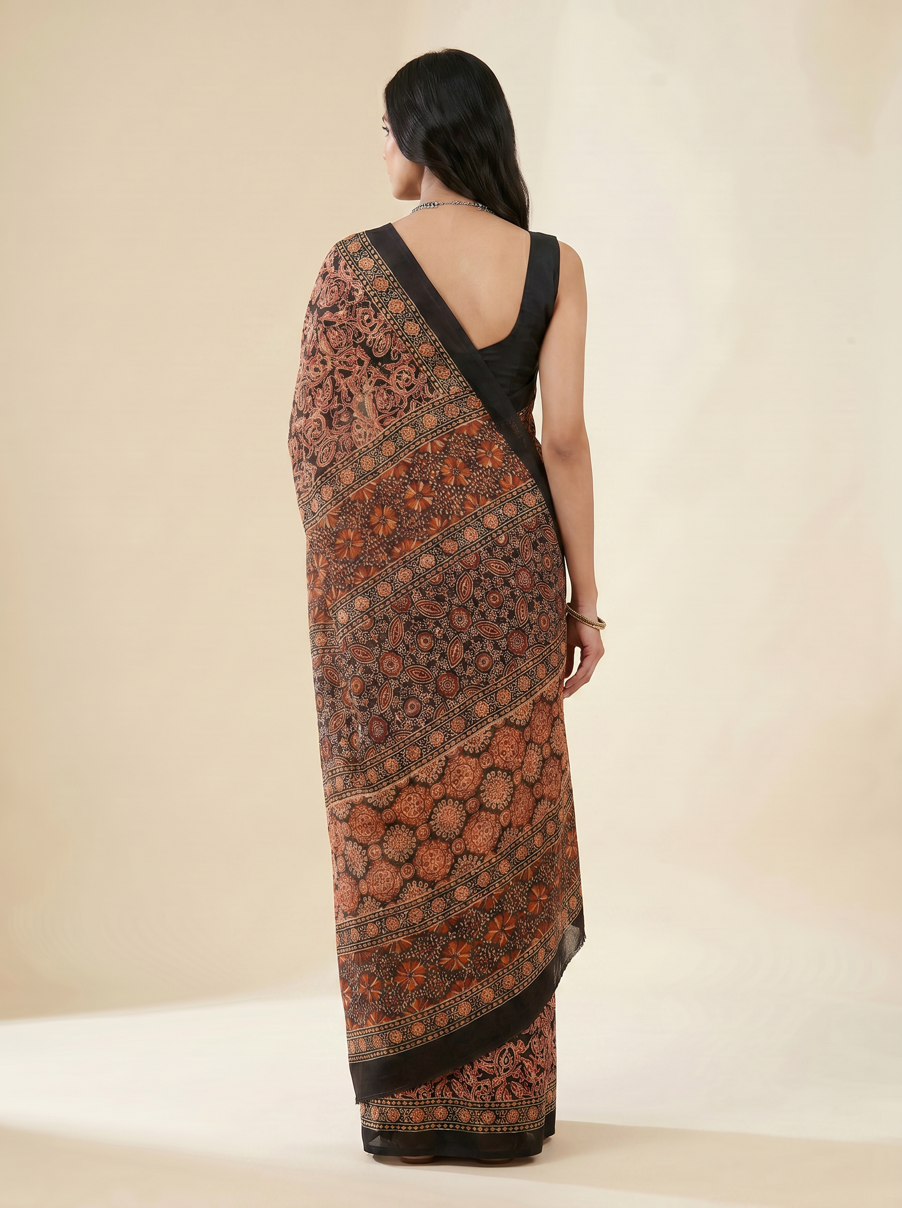 Pure Mulmul Cotton Saree | Charcoal Grey + Brick Red + Grey Handblock Print | Summer & Office Wear | With Blouse image 3