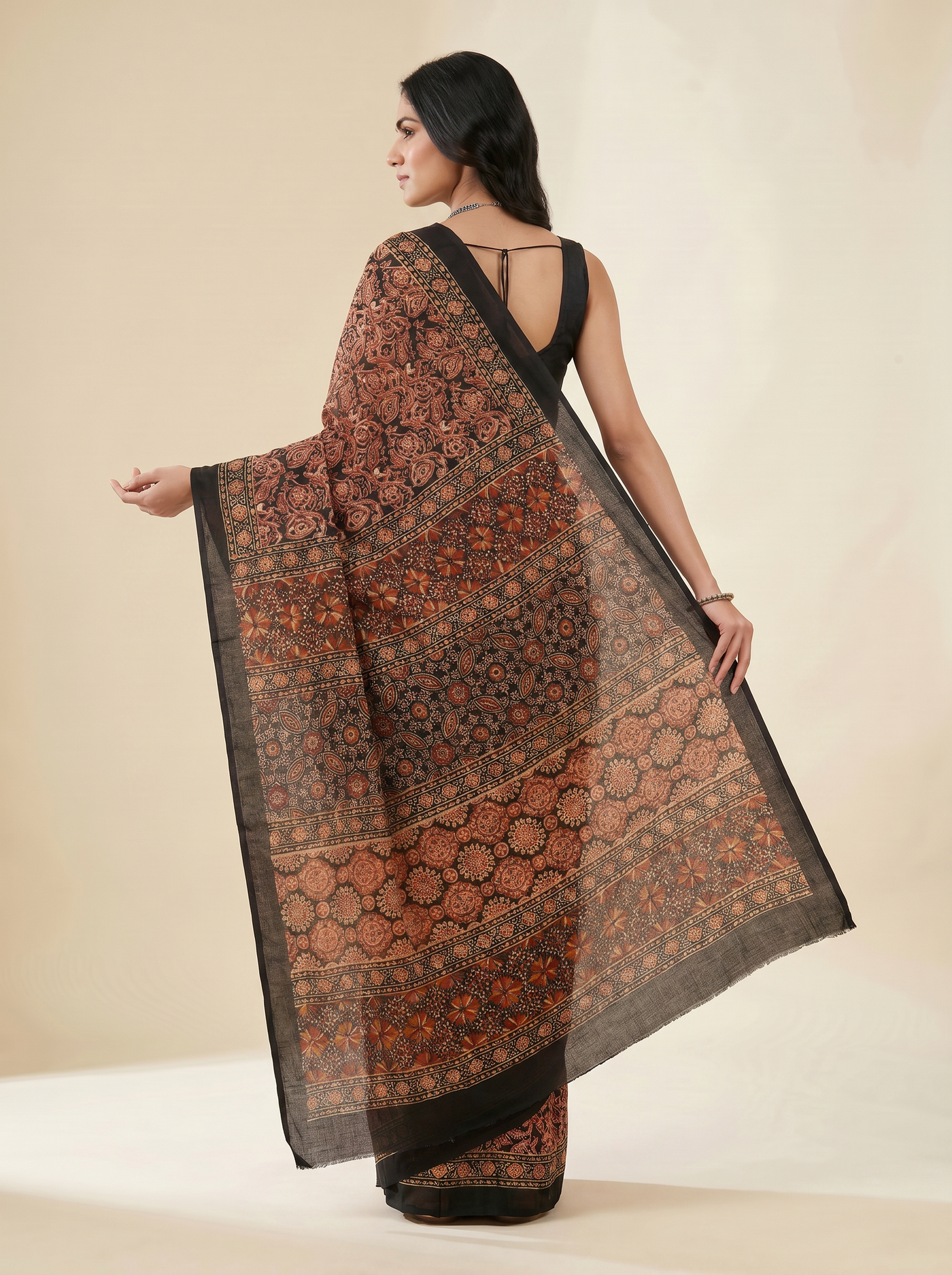 Pure Mulmul Cotton Saree | Charcoal Grey + Brick Red + Grey Handblock Print | Summer & Office Wear | With Blouse image 4