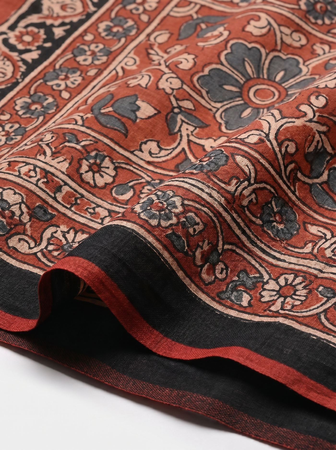 Pure Mulmul Cotton Saree | Charcoal Grey + Brick Red + Grey Handblock Print | Summer & Office Wear | With Blouse image 5