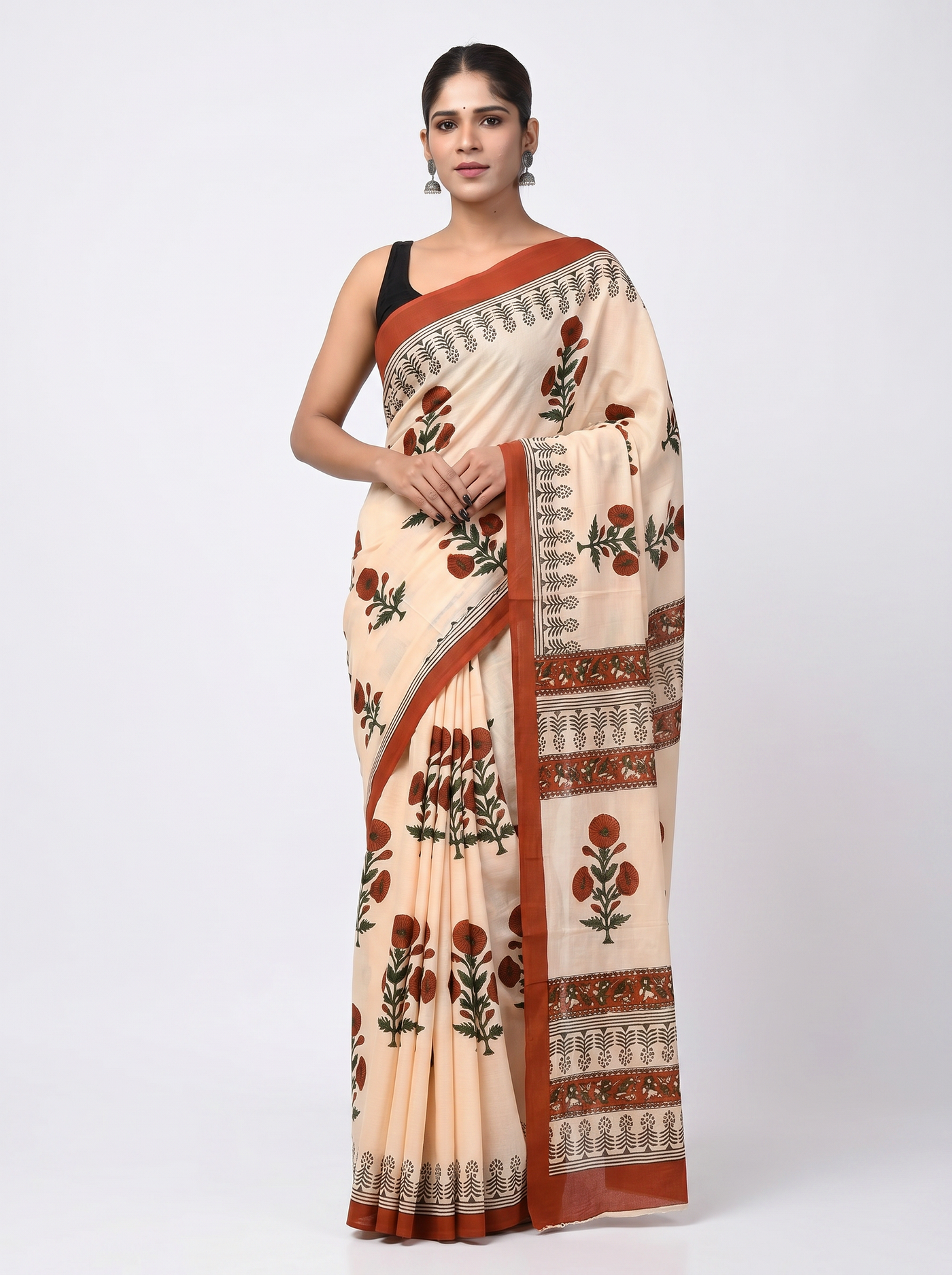Brick Red + Multi Color pure mulmul cotton saree with blouse