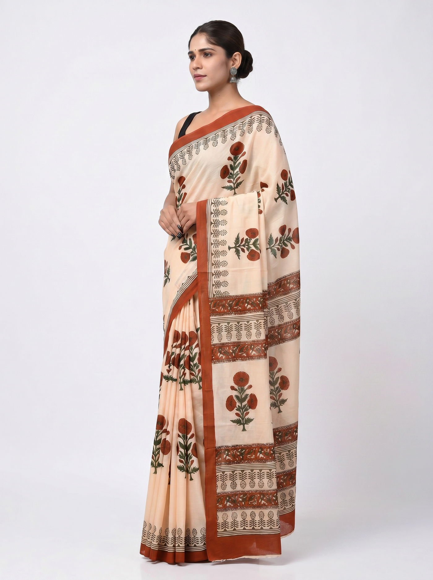 Pure Mulmul Cotton Saree | Brick Red + Multi Color Handblock Print | Summer & Office Wear | With Blouse image 2