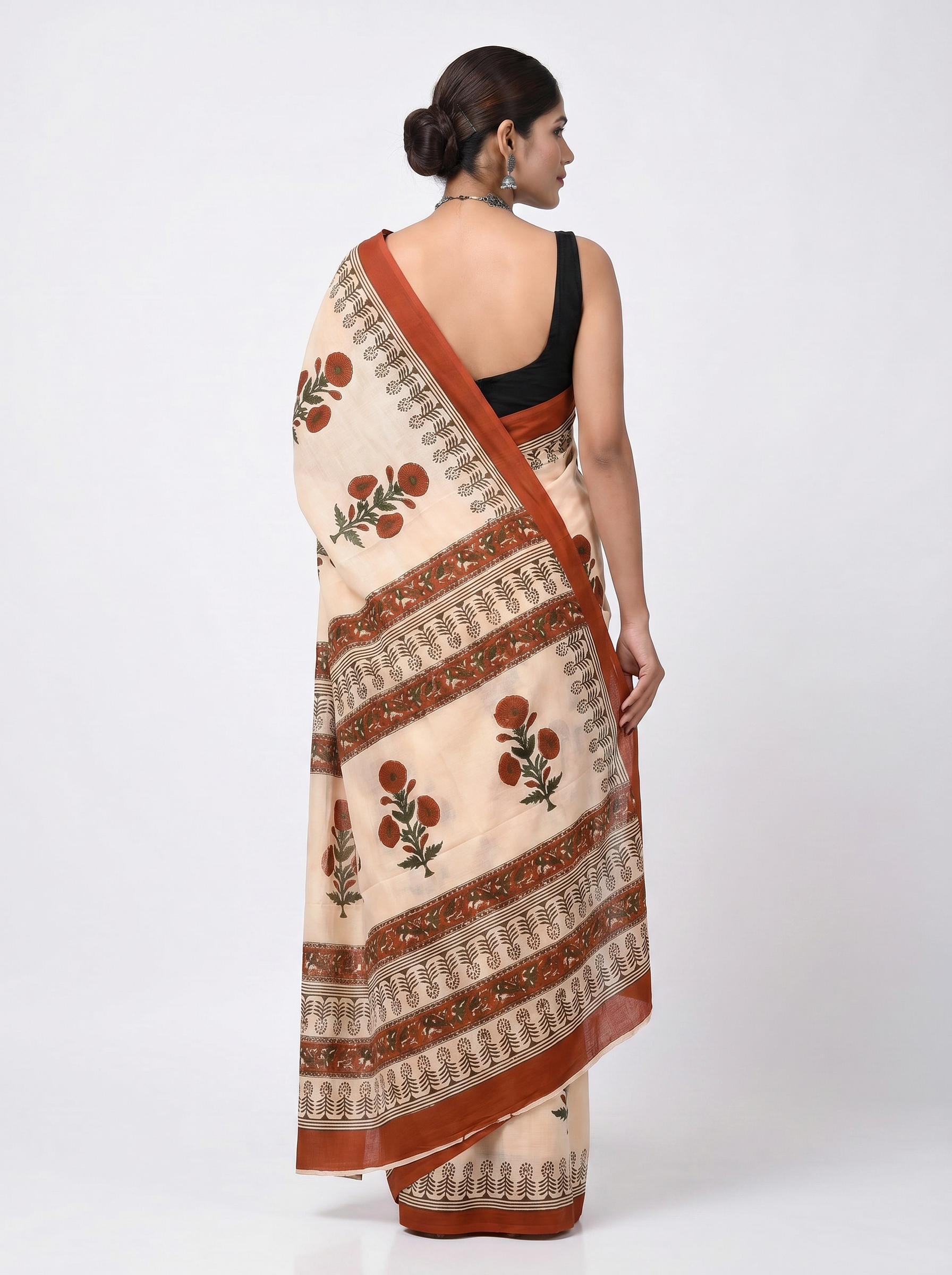 Pure Mulmul Cotton Saree | Brick Red + Multi Color Handblock Print | Summer & Office Wear | With Blouse image 3