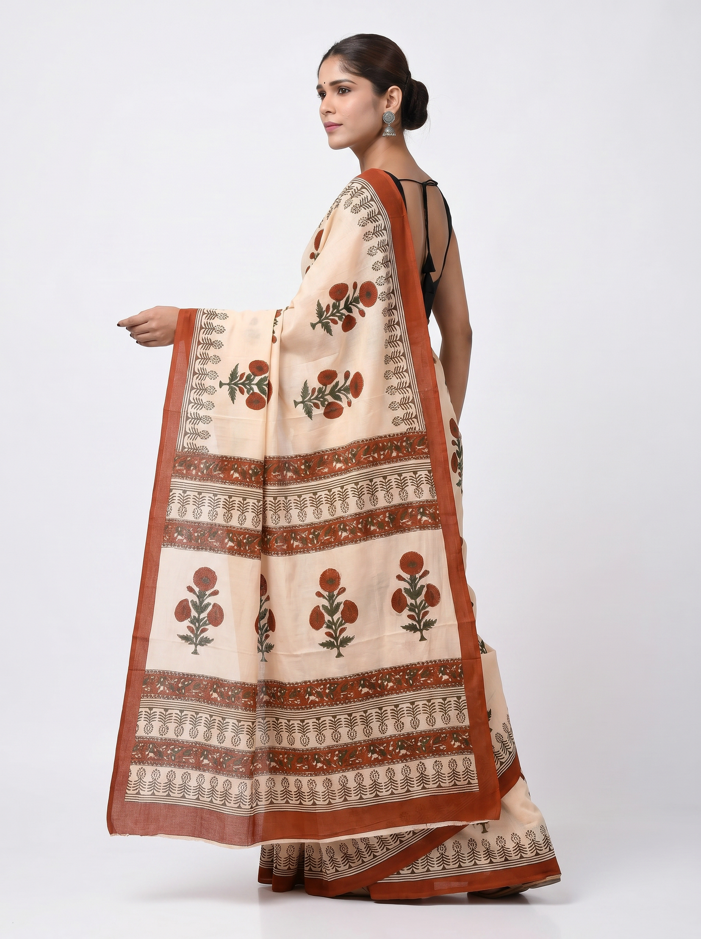 Pure Mulmul Cotton Saree | Brick Red + Multi Color Handblock Print | Summer & Office Wear | With Blouse image 4