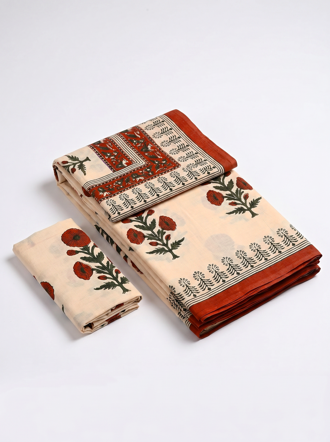 Pure Mulmul Cotton Saree | Brick Red + Multi Color Handblock Print | Summer & Office Wear | With Blouse image 5