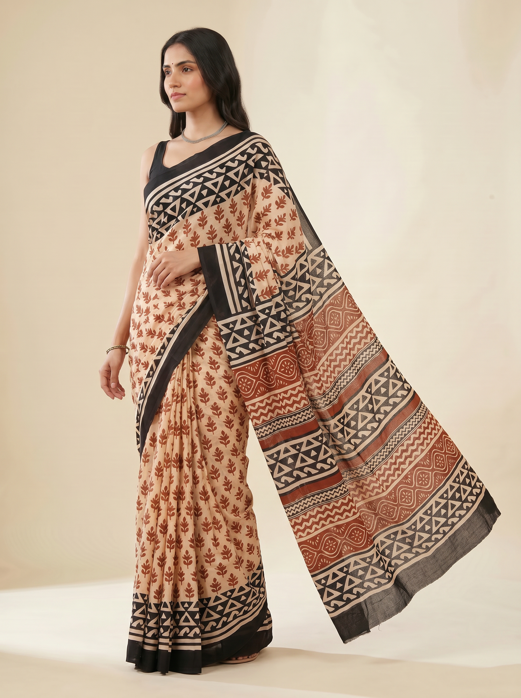 Pure Mulmul Cotton Saree | Brick Red + Terracotta Handblock Print | Summer & Office Wear | With Blouse | Design 2 image 2