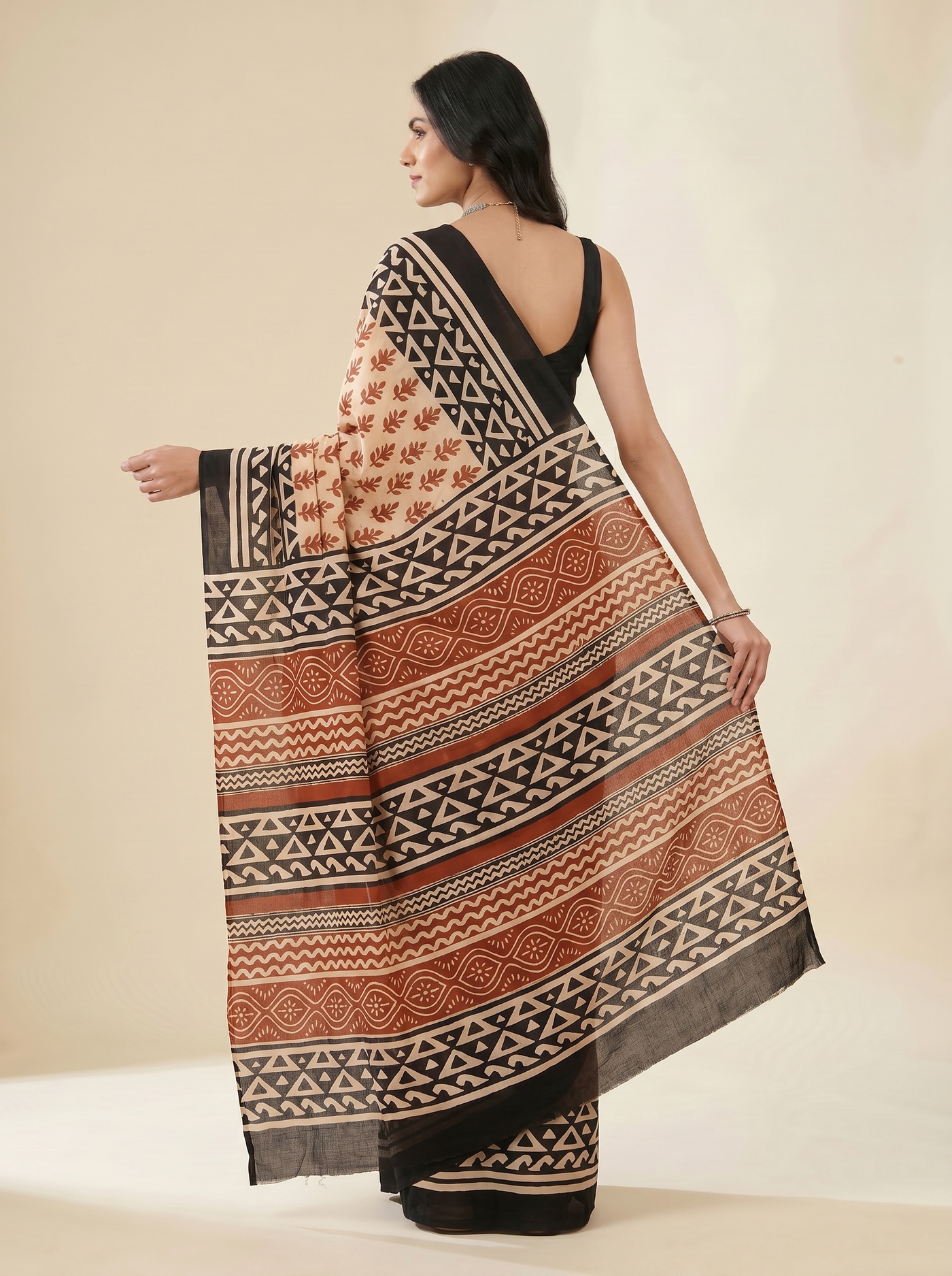 Pure Mulmul Cotton Saree | Brick Red + Terracotta Handblock Print | Summer & Office Wear | With Blouse | Design 2 image 4