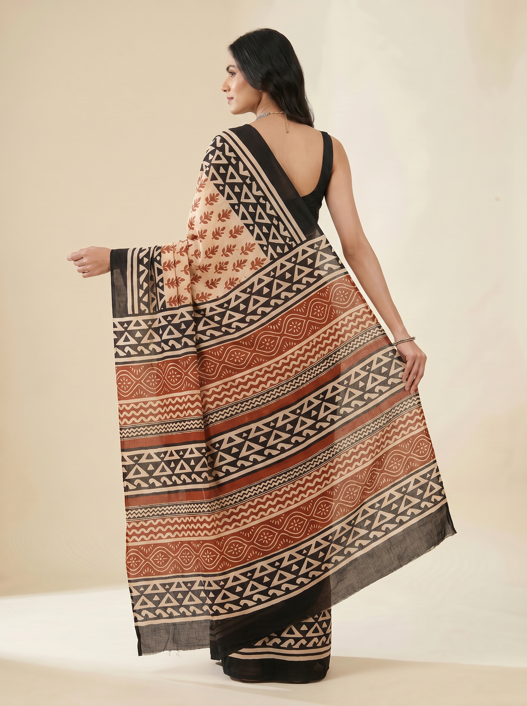Pure Mulmul Cotton Saree | Brick Red + Terracotta Handblock Print | Summer & Office Wear | With Blouse | Design 2 image 4
