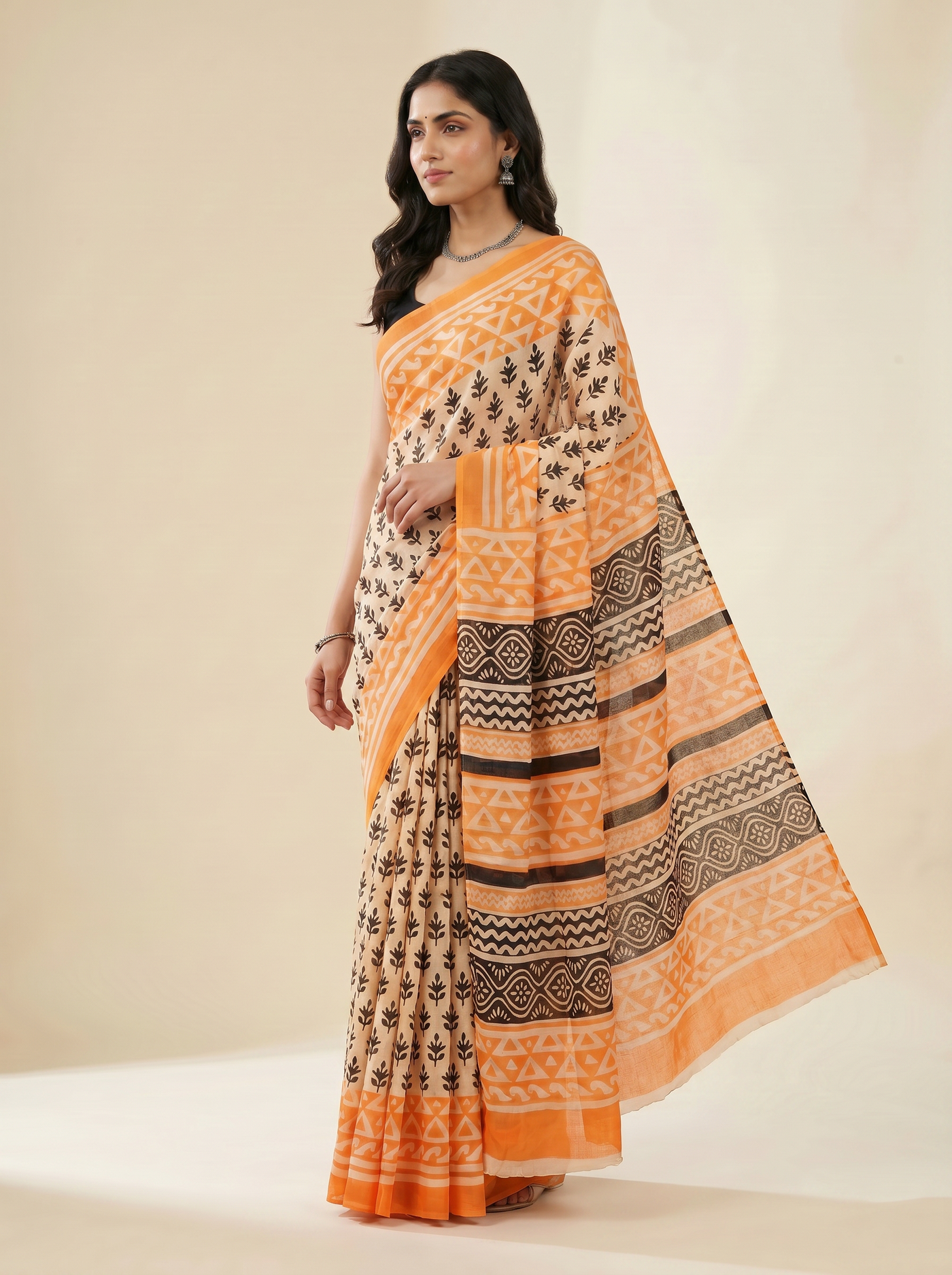 Pure Mulmul Cotton Saree | Brick Red + Terracotta Handblock Print | Summer & Office Wear | With Blouse image 2
