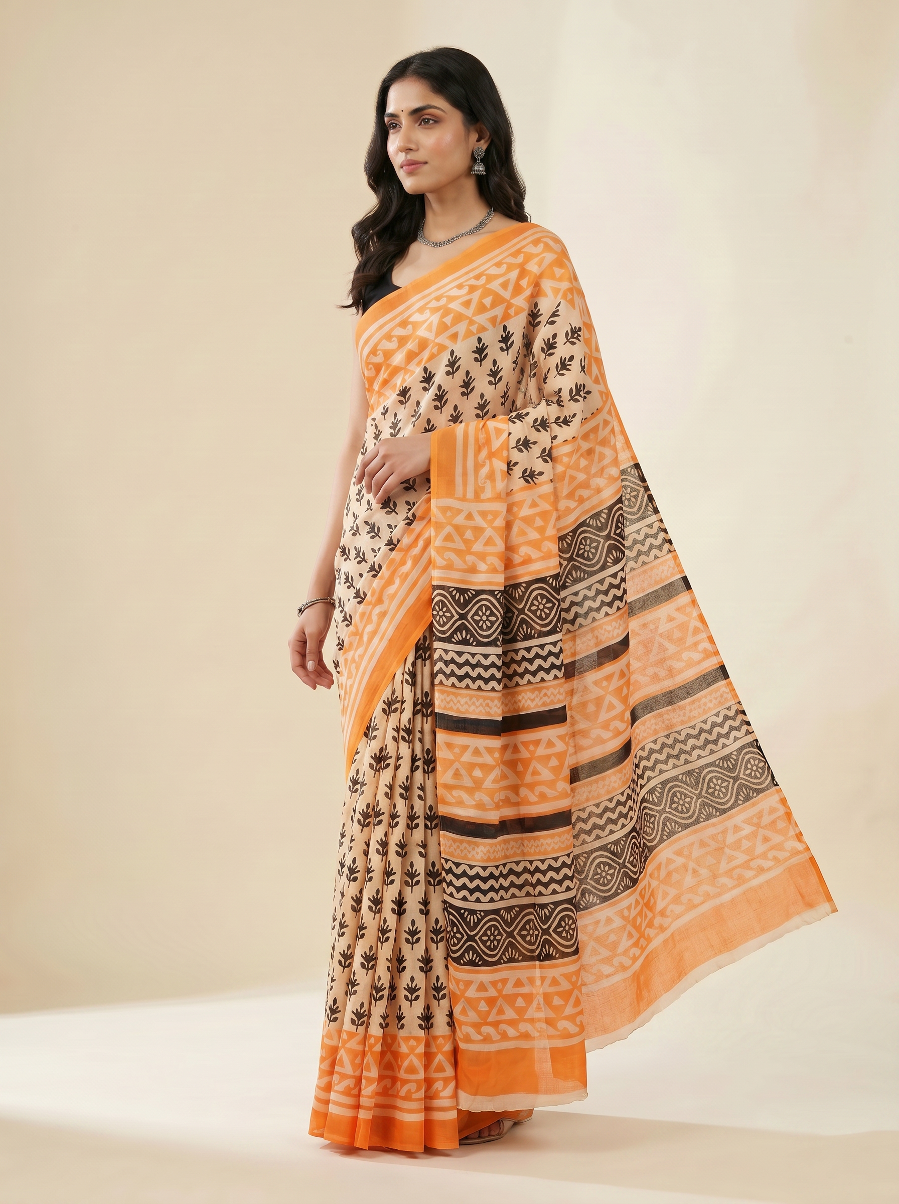 Pure Mulmul Cotton Saree | Brick Red + Terracotta Handblock Print | Summer & Office Wear | With Blouse image 2