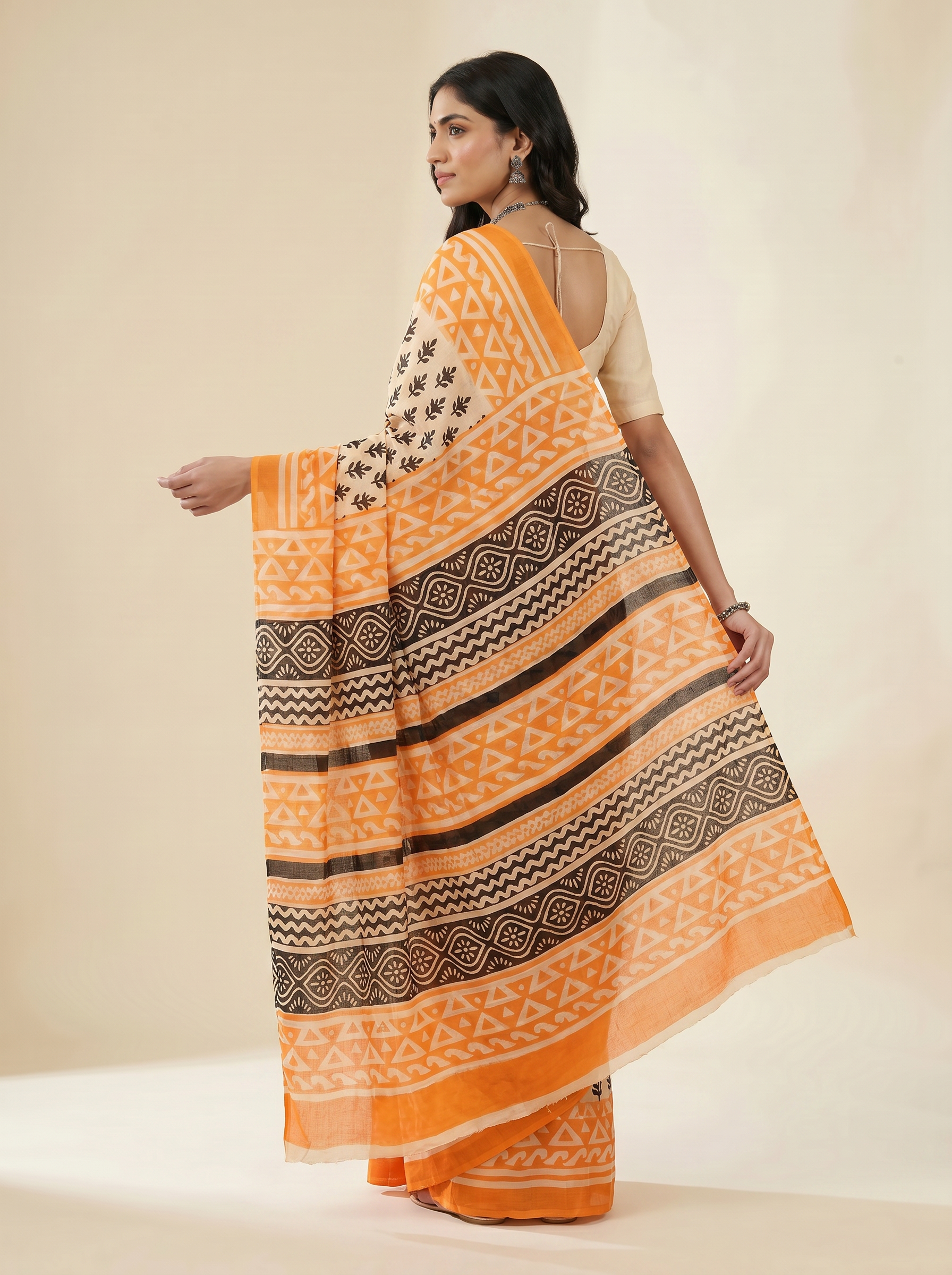 Pure Mulmul Cotton Saree | Brick Red + Terracotta Handblock Print | Summer & Office Wear | With Blouse image 4