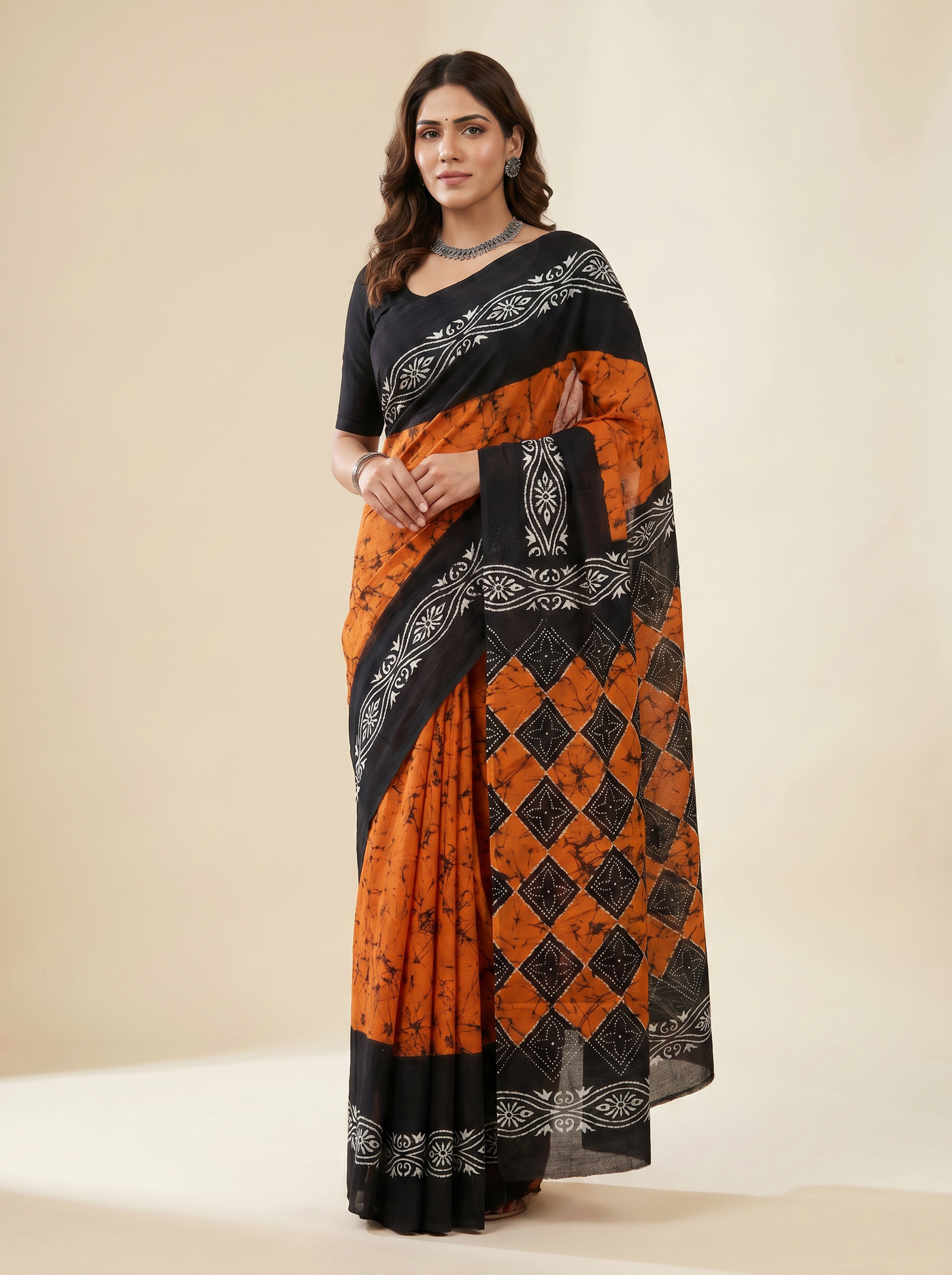 Charcoal Grey + Brick Red + Burnt Orange + Black + Grey pure mulmul cotton saree with blouse