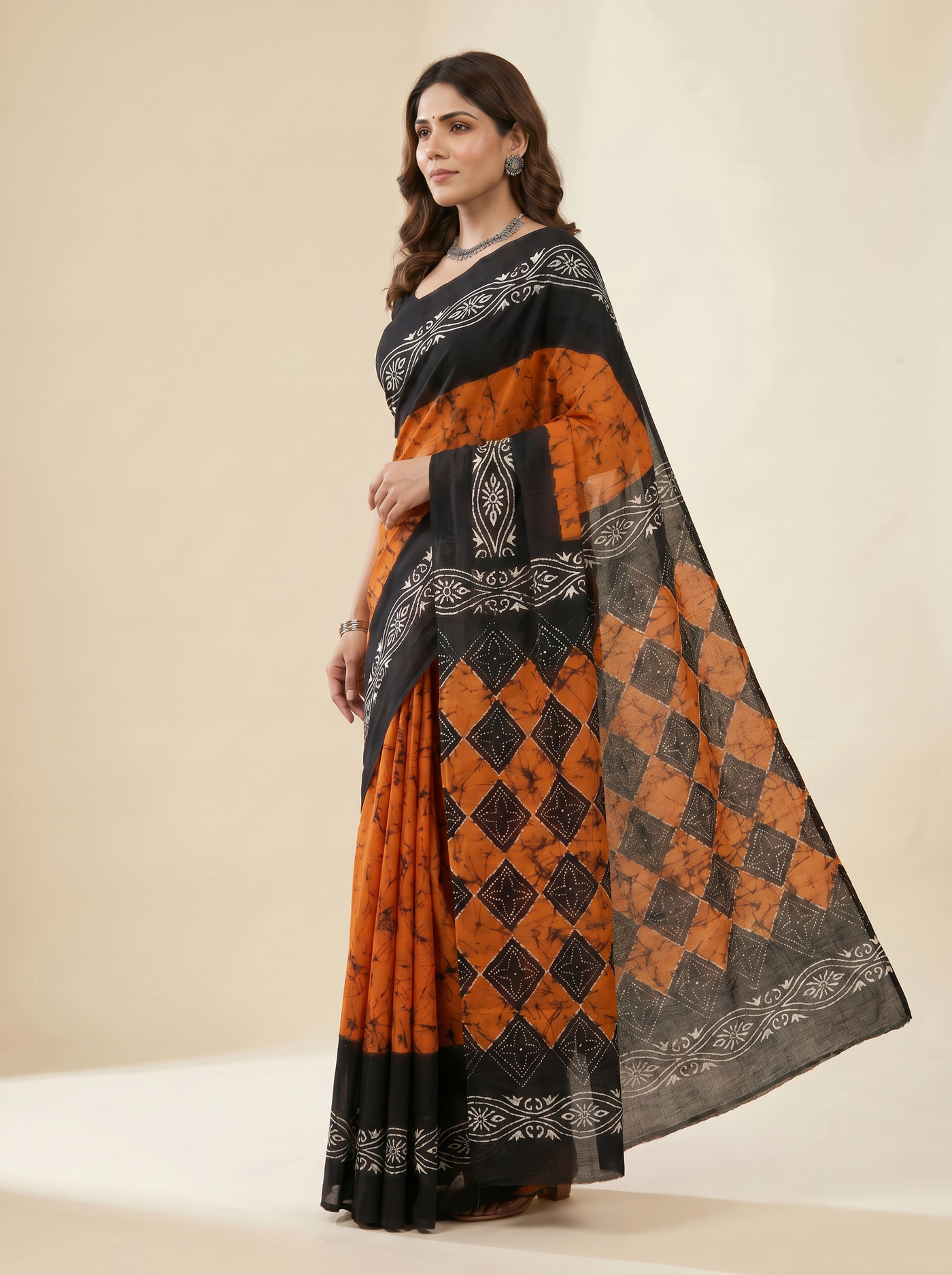 Pure Mulmul Cotton Saree | Charcoal Grey + Brick Red + Burnt Orange + Black + Grey Handblock Print | Summer & Office Wear | With Blouse image 2