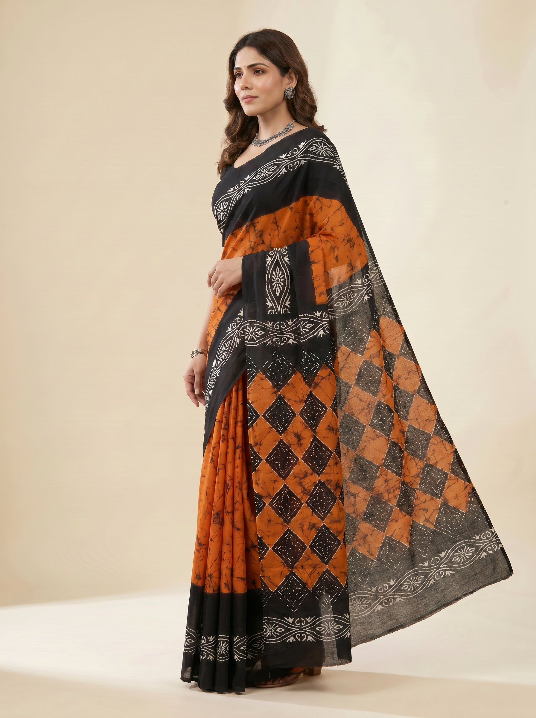 Pure Mulmul Cotton Saree | Charcoal Grey + Brick Red + Burnt Orange + Black + Grey Handblock Print | Summer & Office Wear | With Blouse image 2