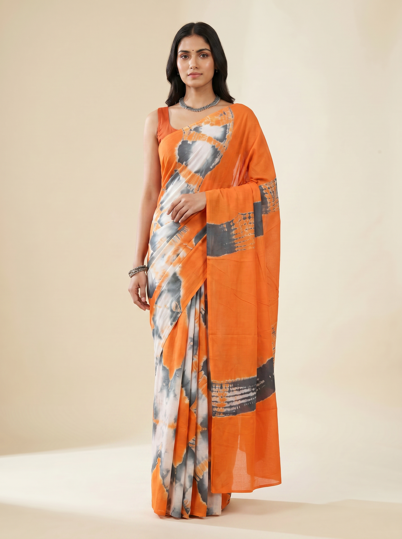 Burnt Orange + Grey + Wine pure mulmul cotton saree with blouse