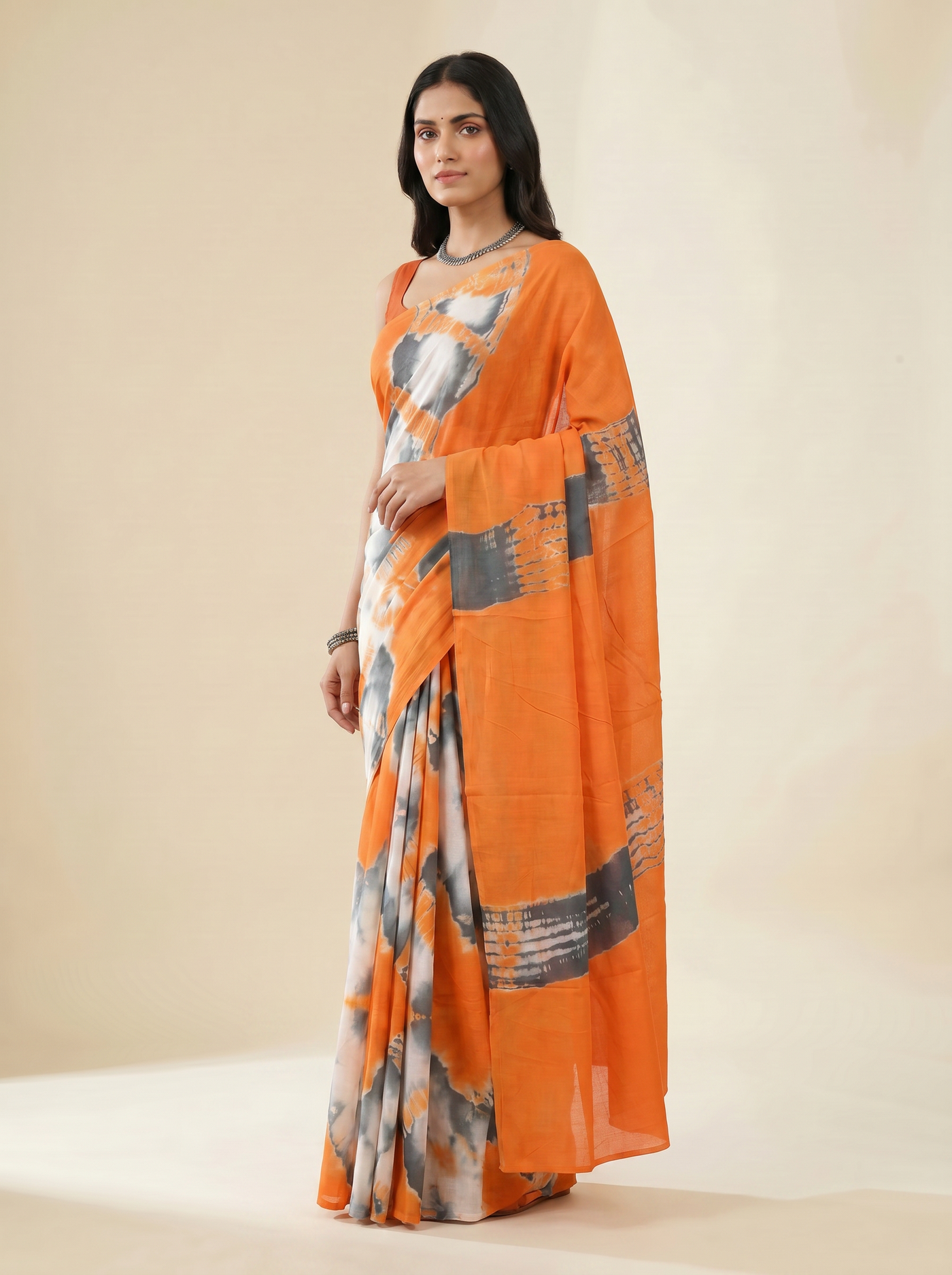 Pure Mulmul Cotton Saree | Burnt Orange + Grey + Wine Handblock Print | Summer & Office Wear | With Blouse image 2