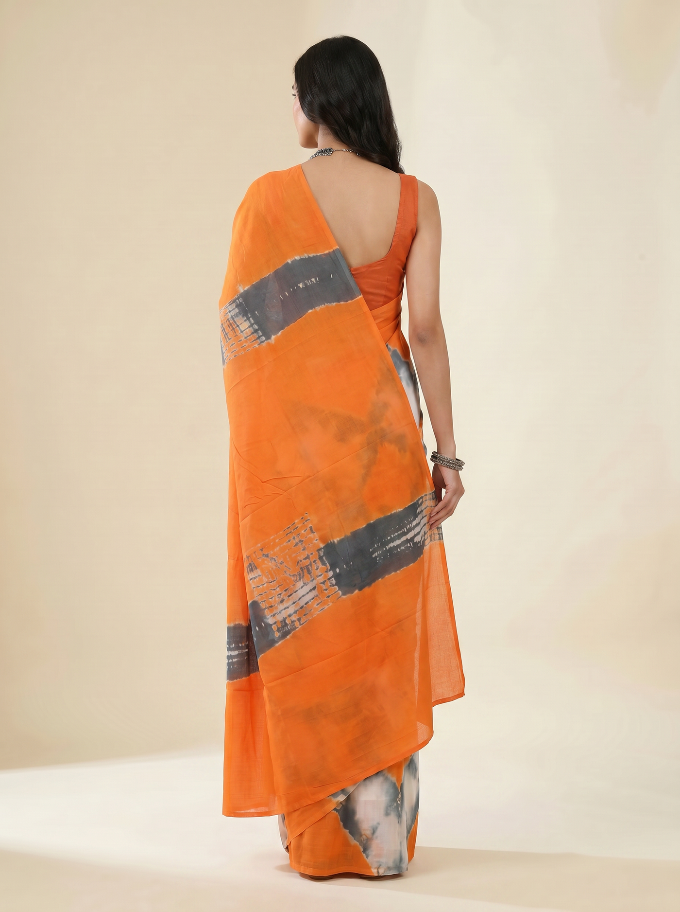 Pure Mulmul Cotton Saree | Burnt Orange + Grey + Wine Handblock Print | Summer & Office Wear | With Blouse image 3