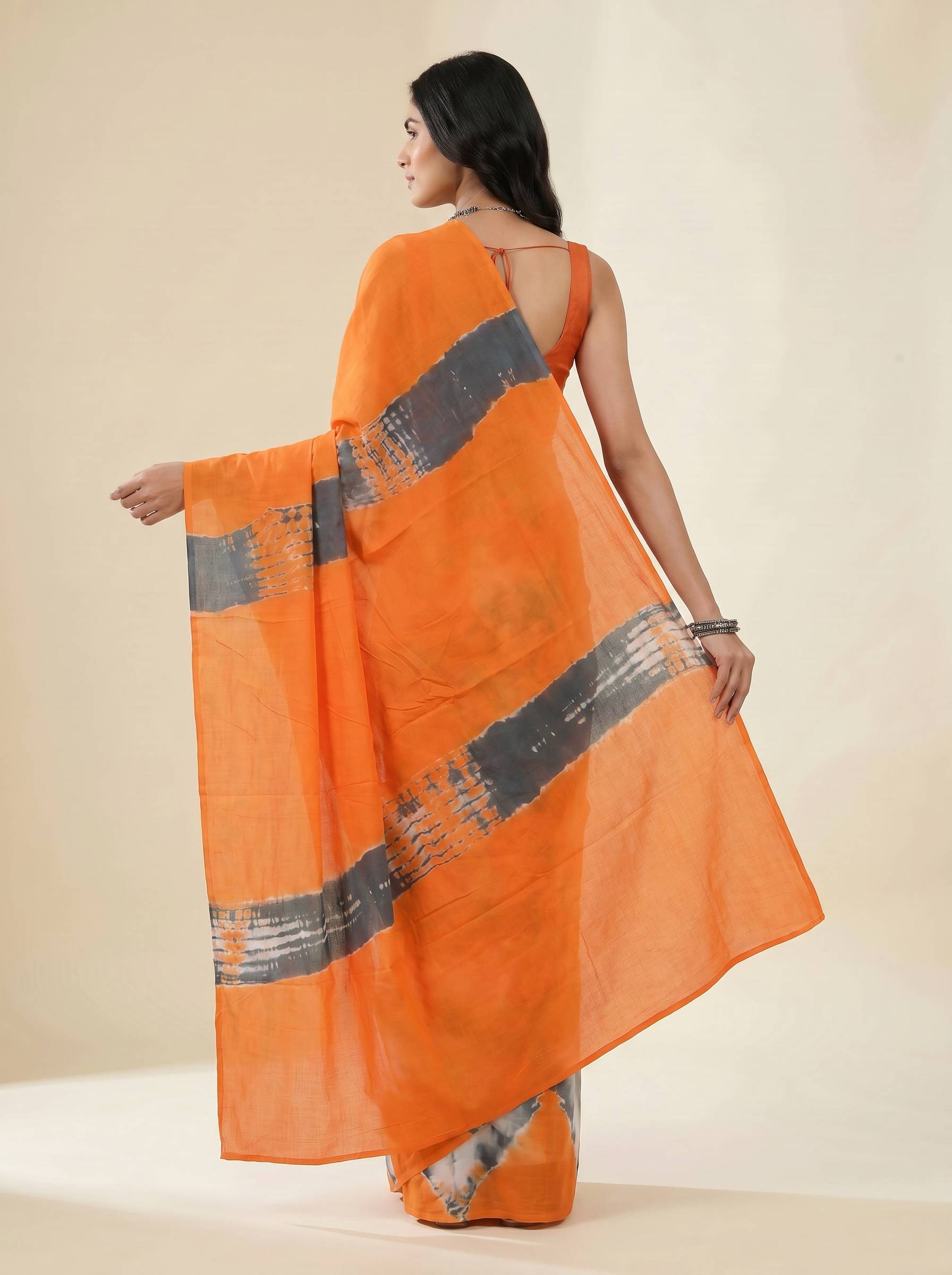 Pure Mulmul Cotton Saree | Burnt Orange + Grey + Wine Handblock Print | Summer & Office Wear | With Blouse image 4