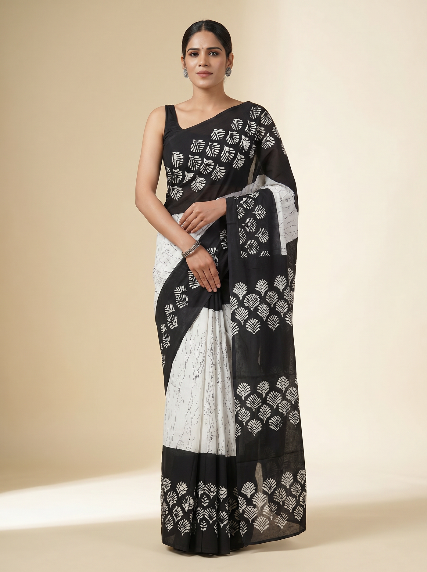 Charcoal Grey + Black + Grey pure mulmul cotton saree with blouse
