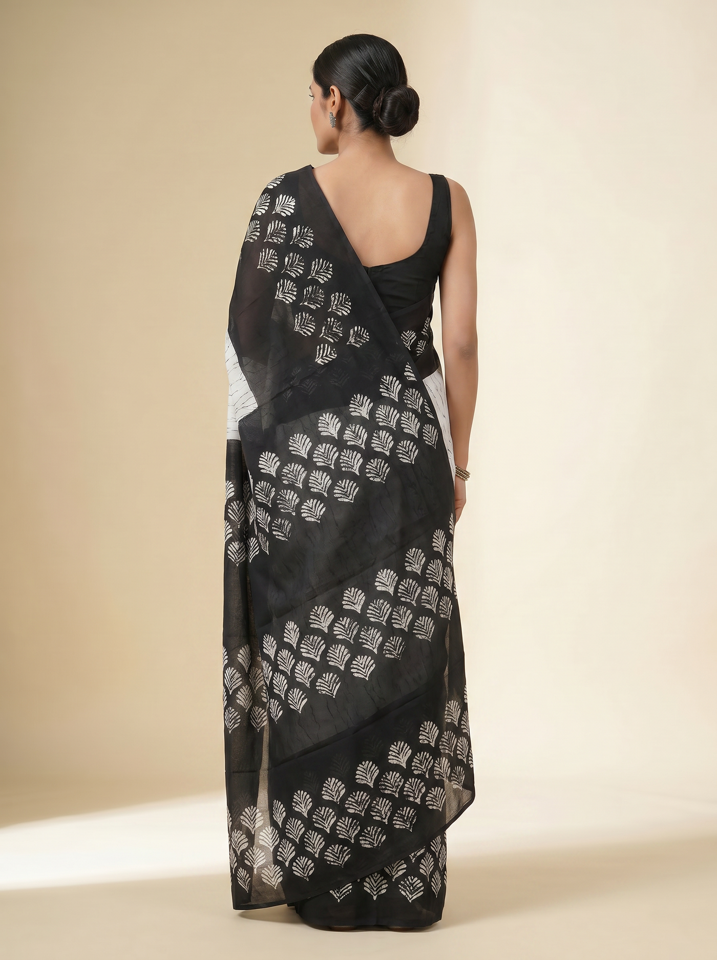 Pure Mulmul Cotton Saree | Charcoal Grey + Black + Grey Handblock Print | Summer & Office Wear | With Blouse image 3