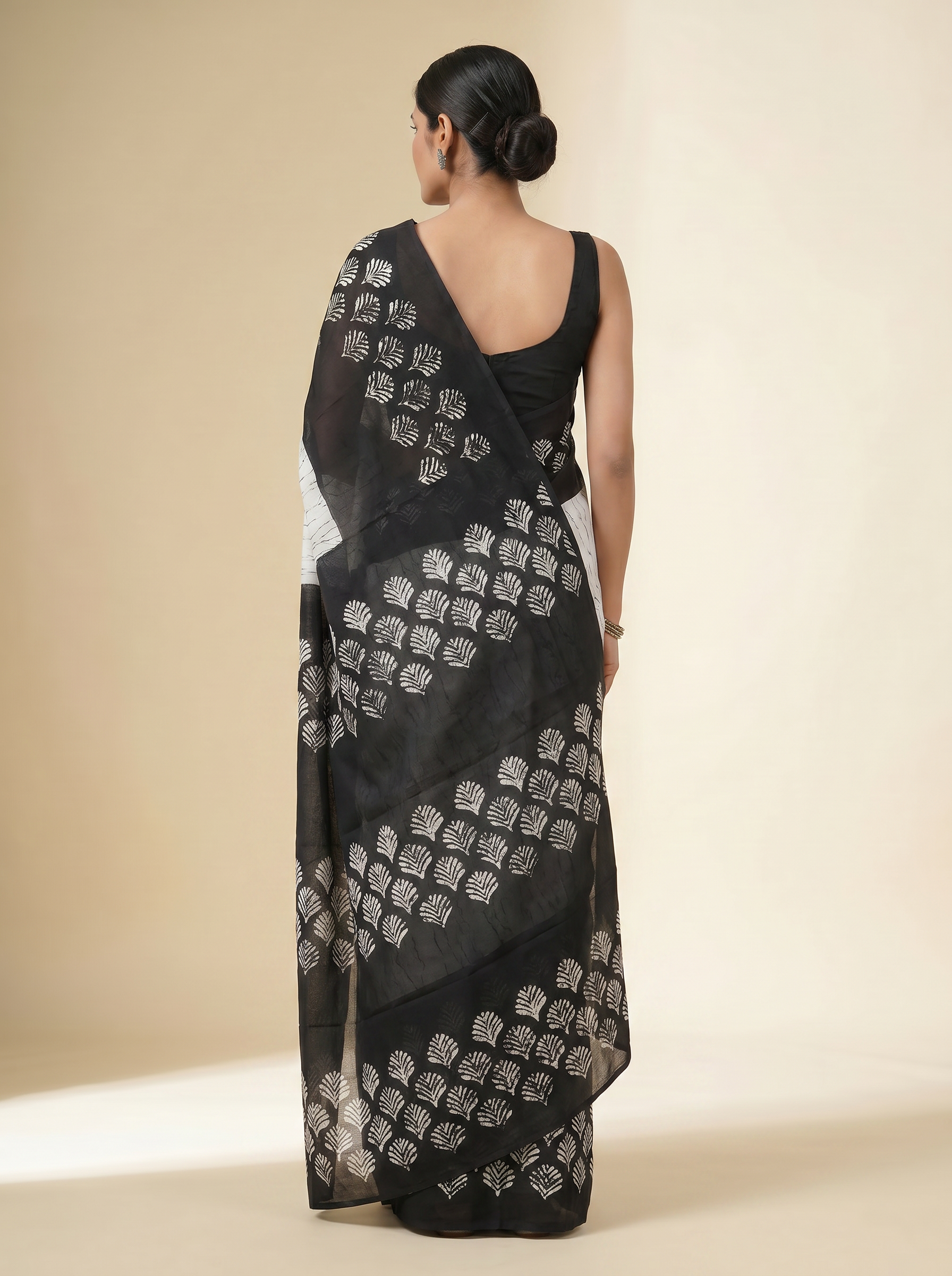 Pure Mulmul Cotton Saree | Charcoal Grey + Black + Grey Handblock Print | Summer & Office Wear | With Blouse image 3
