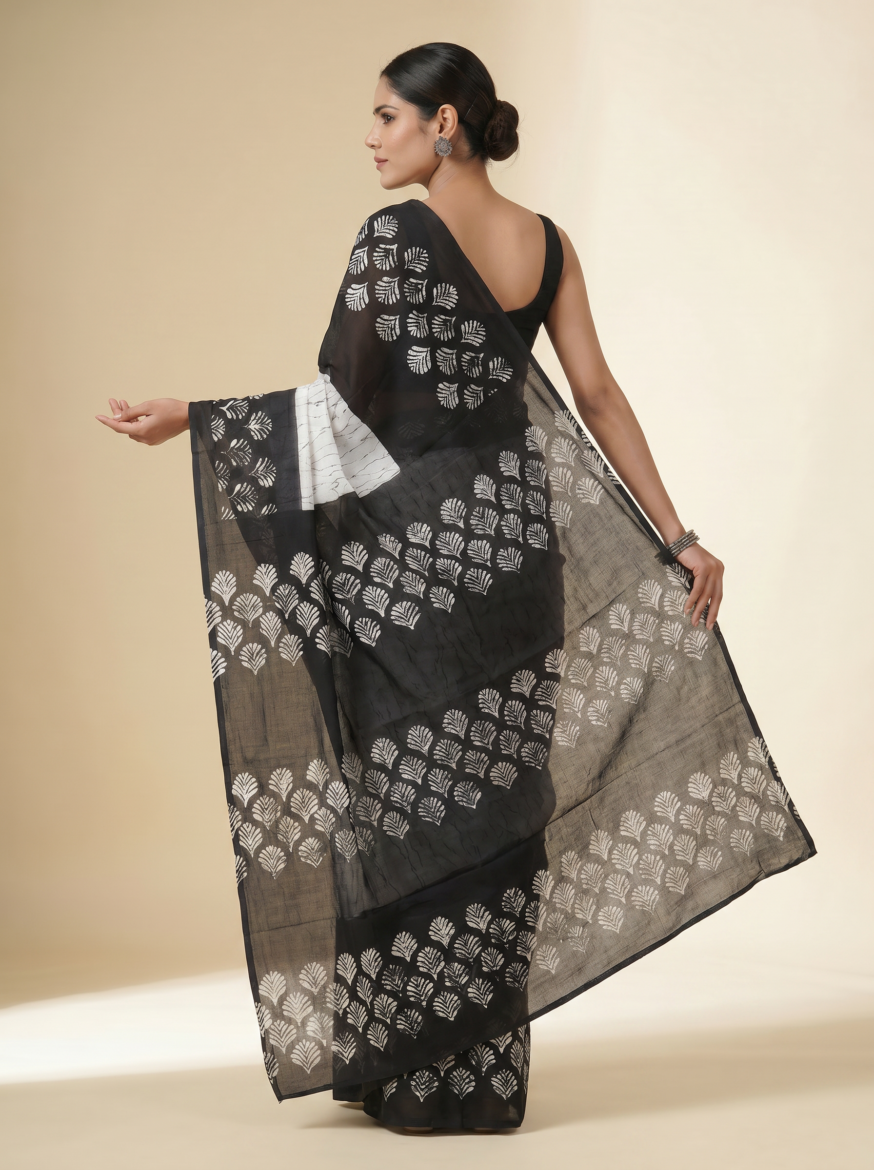 Pure Mulmul Cotton Saree | Charcoal Grey + Black + Grey Handblock Print | Summer & Office Wear | With Blouse image 4