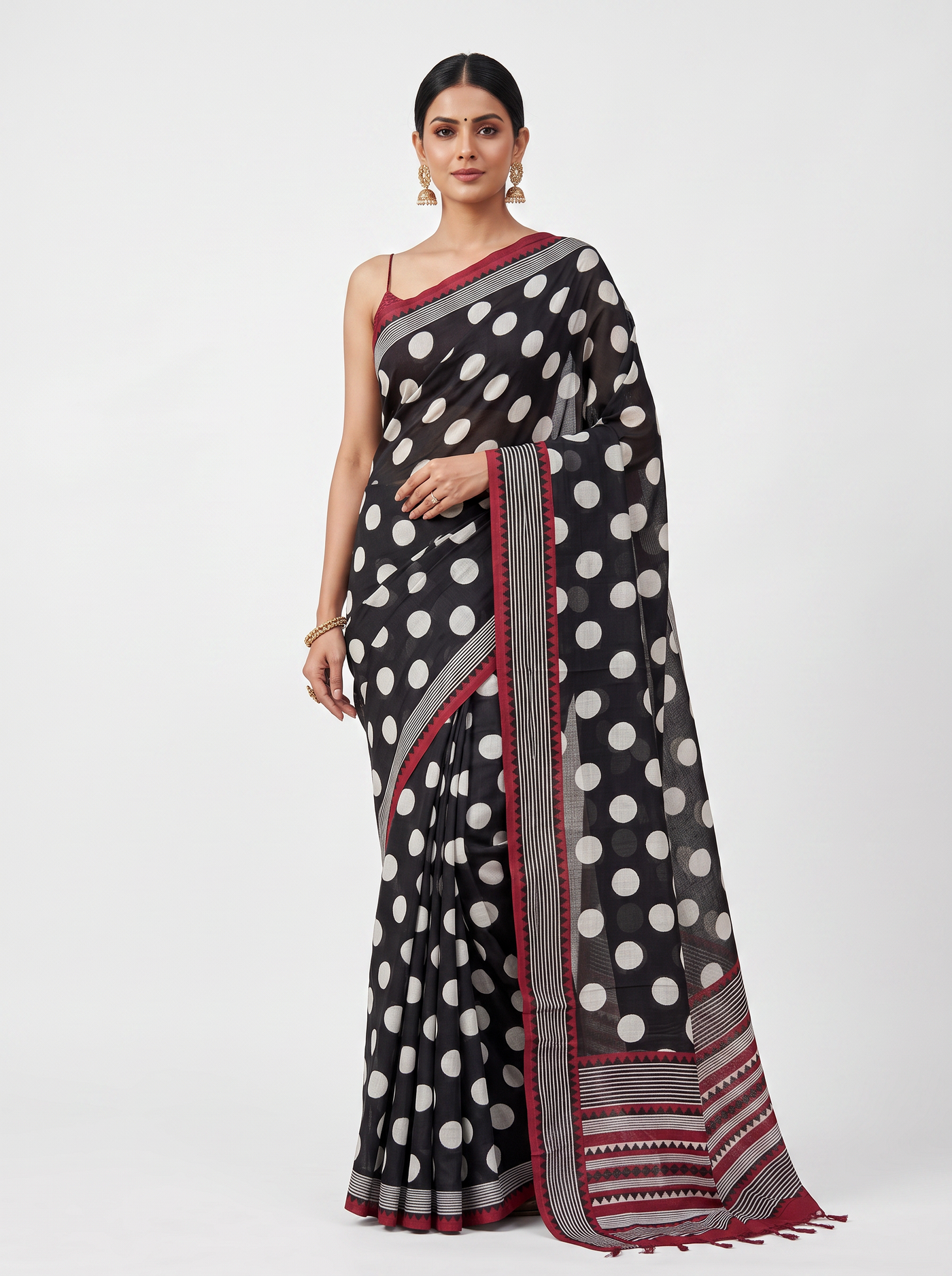 Charcoal Grey Contrast Border Mulmul Saree with Blouse