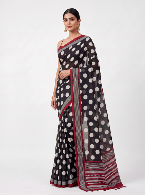 Charcoal Grey Contrast Border Mulmul Saree with Blouse - view 2