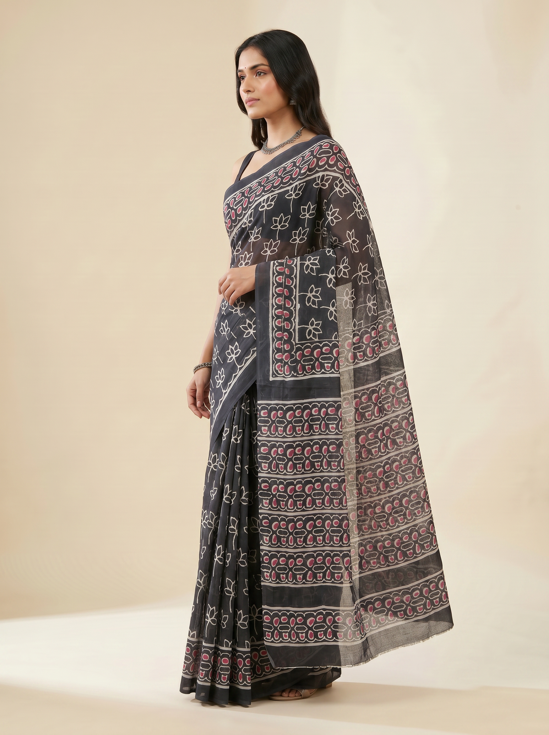 Pure Mulmul Cotton Saree | Charcoal Grey + Grey Handblock Print | Summer & Office Wear | With Blouse | Design 2 image 2