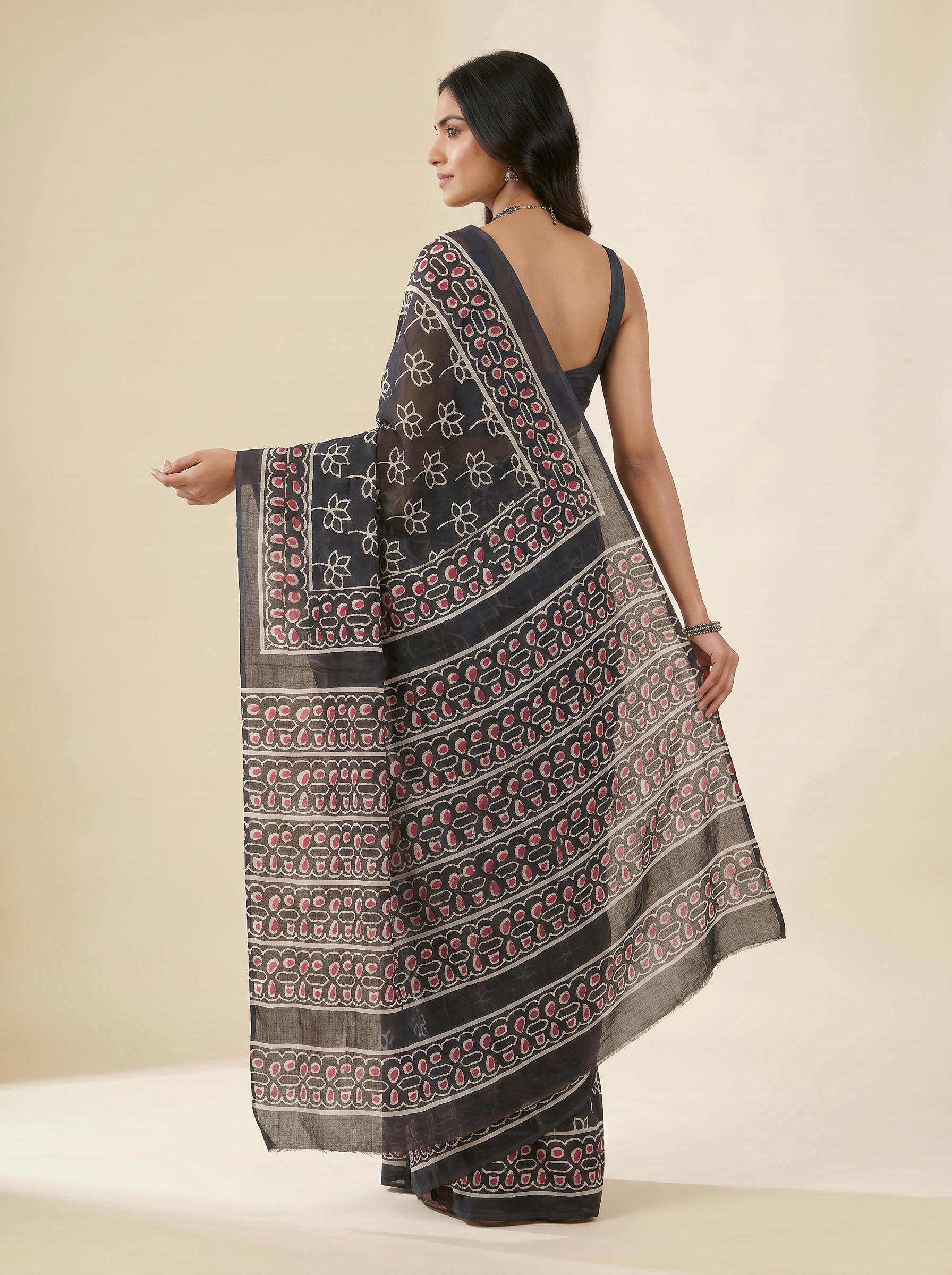 Pure Mulmul Cotton Saree | Charcoal Grey + Grey Handblock Print | Summer & Office Wear | With Blouse | Design 2 image 4