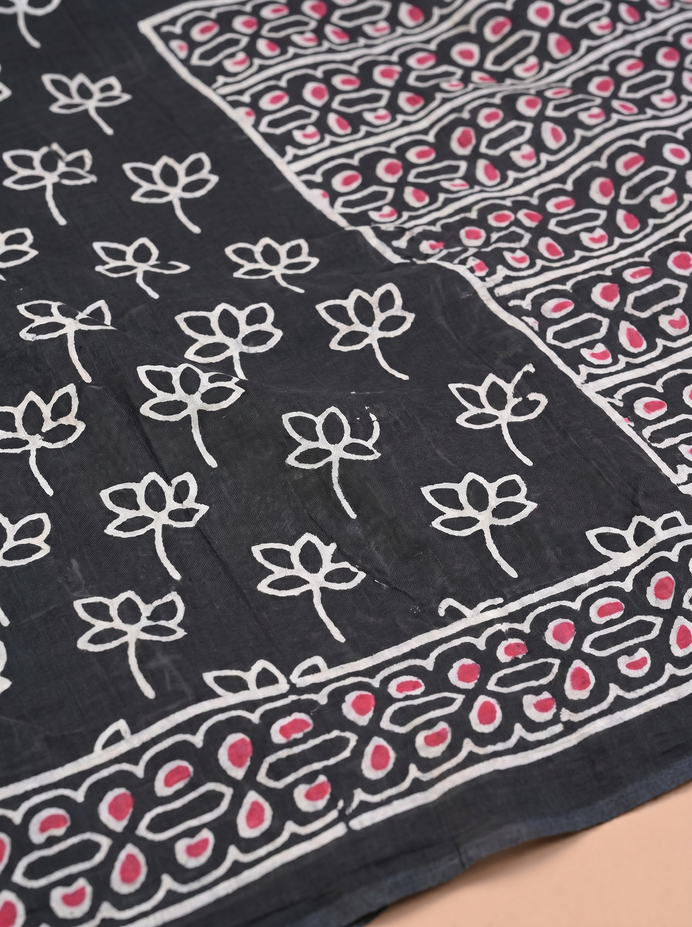 Pure Mulmul Cotton Saree | Charcoal Grey + Grey Handblock Print | Summer & Office Wear | With Blouse | Design 2 image 5