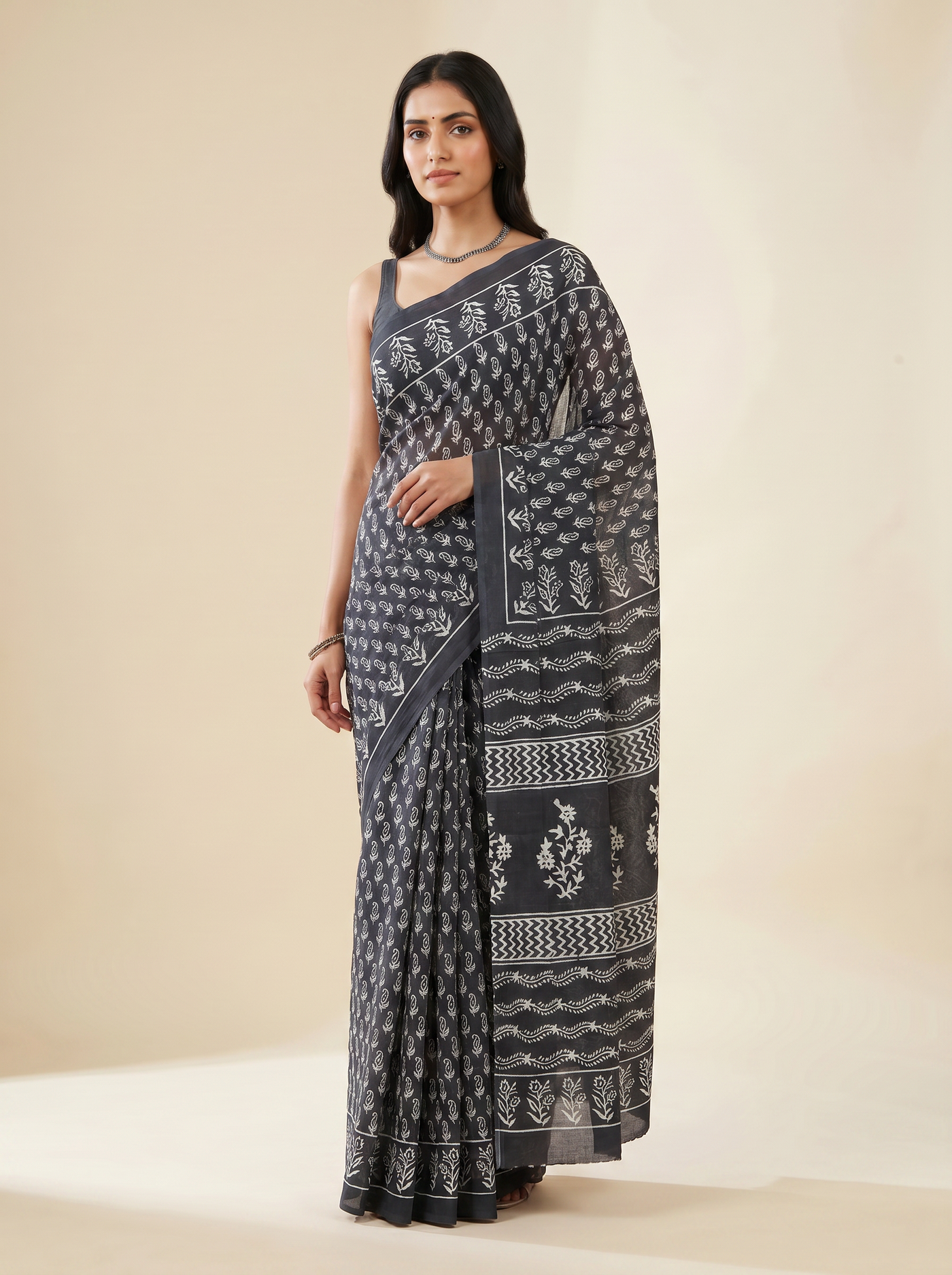 Charcoal Grey + Grey pure mulmul cotton saree with blouse